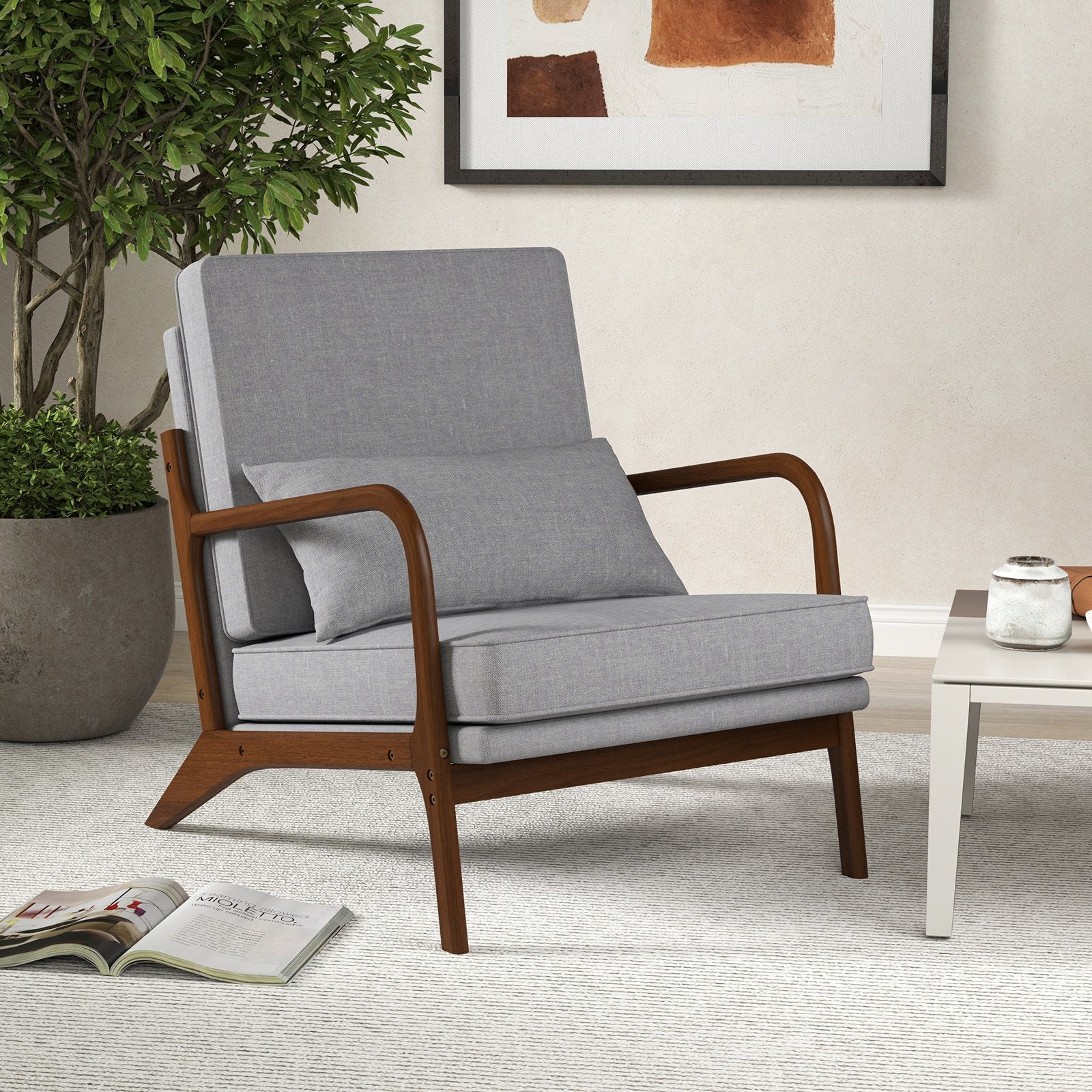 Modern Accent Chair with Rubber Wood Armrests and Removable Back-Beige