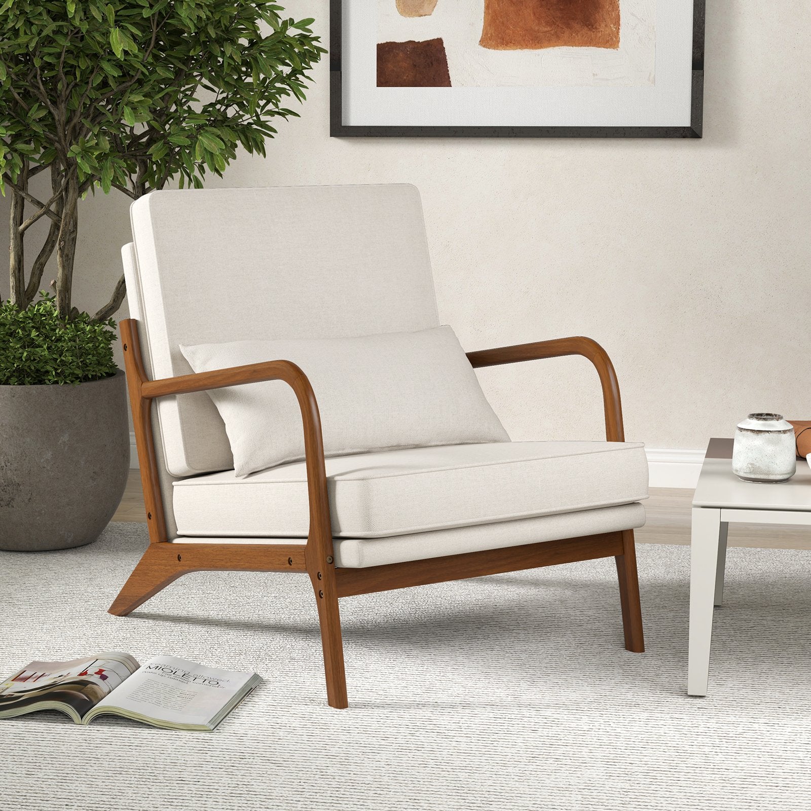 Modern Accent Chair with Rubber Wood Armrests and Removable Back-Beige