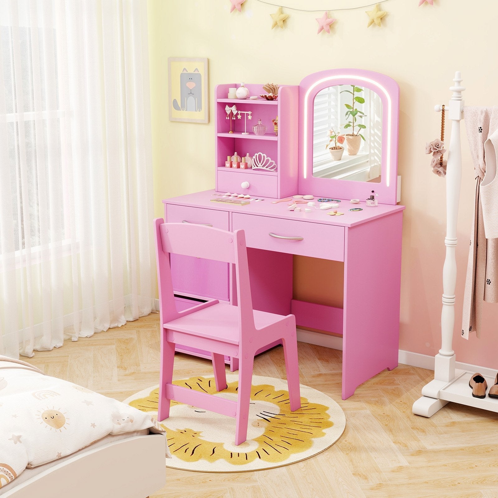 Kids Vanity Set with Lighted Mirror Makeup Desk and Chair Set with Drawers-Pink