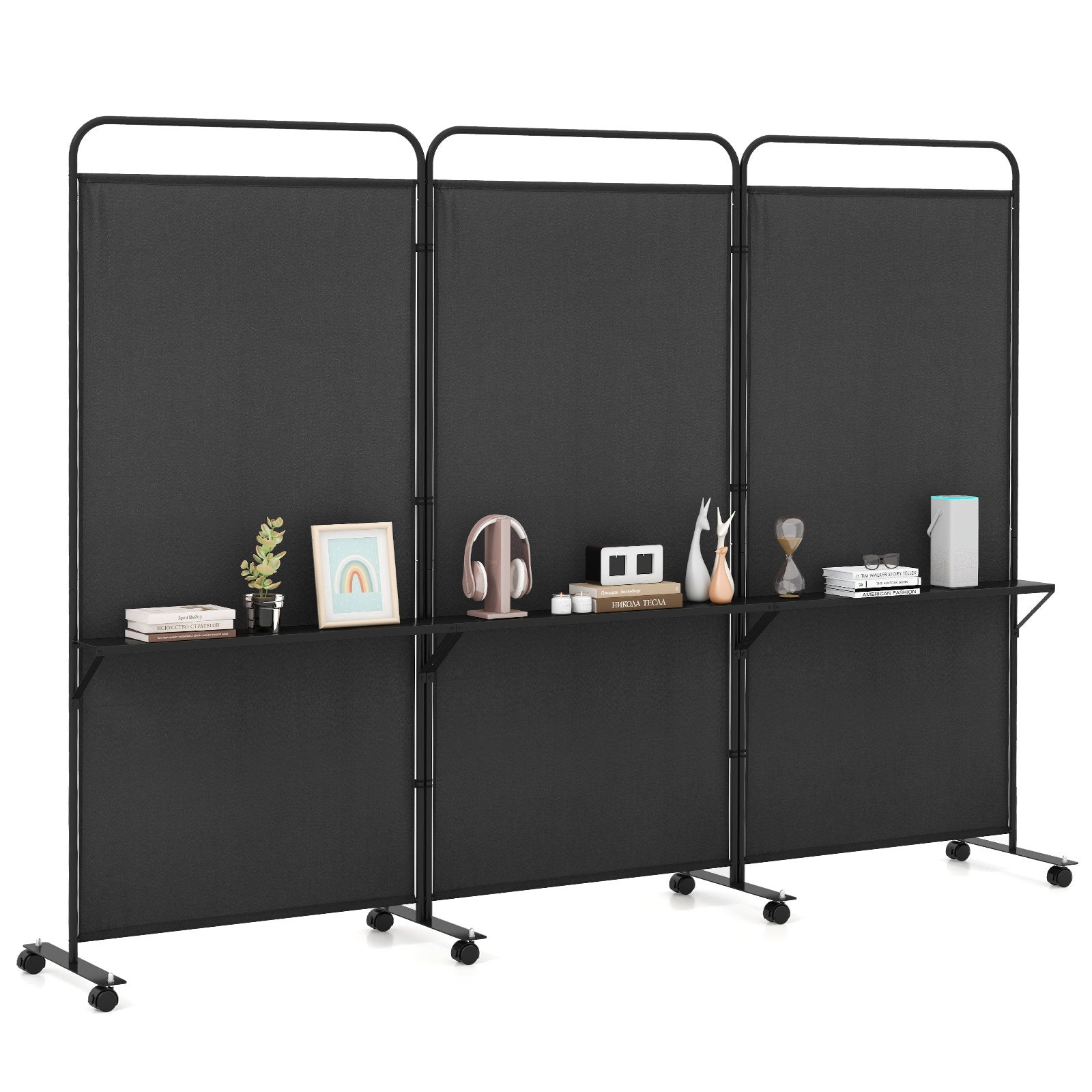 3-Panel Folding Room Divider with 3 Metal Shelves and Lockable Wheels-White