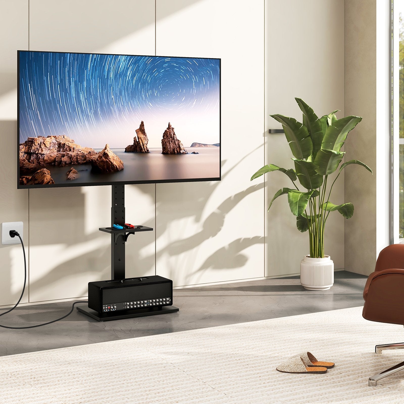 Tilt and Height Adjustable Floor TV Stand with Power Outlet and Adjustable AV Shelf