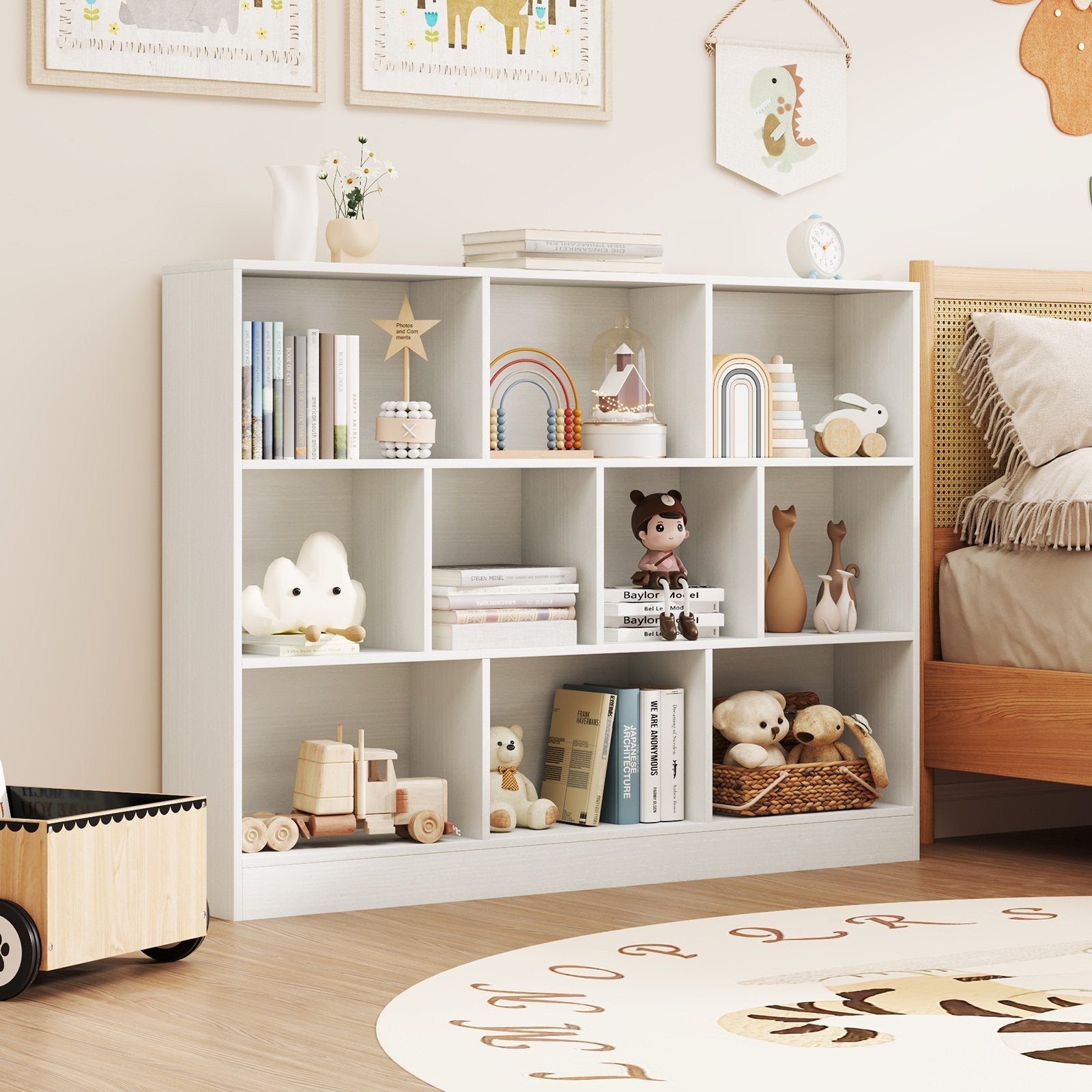 41 inches Wooden Toy Storage Organizer with 10 Cubes for Classroom Daycare Nursery Kindergarten-Natural