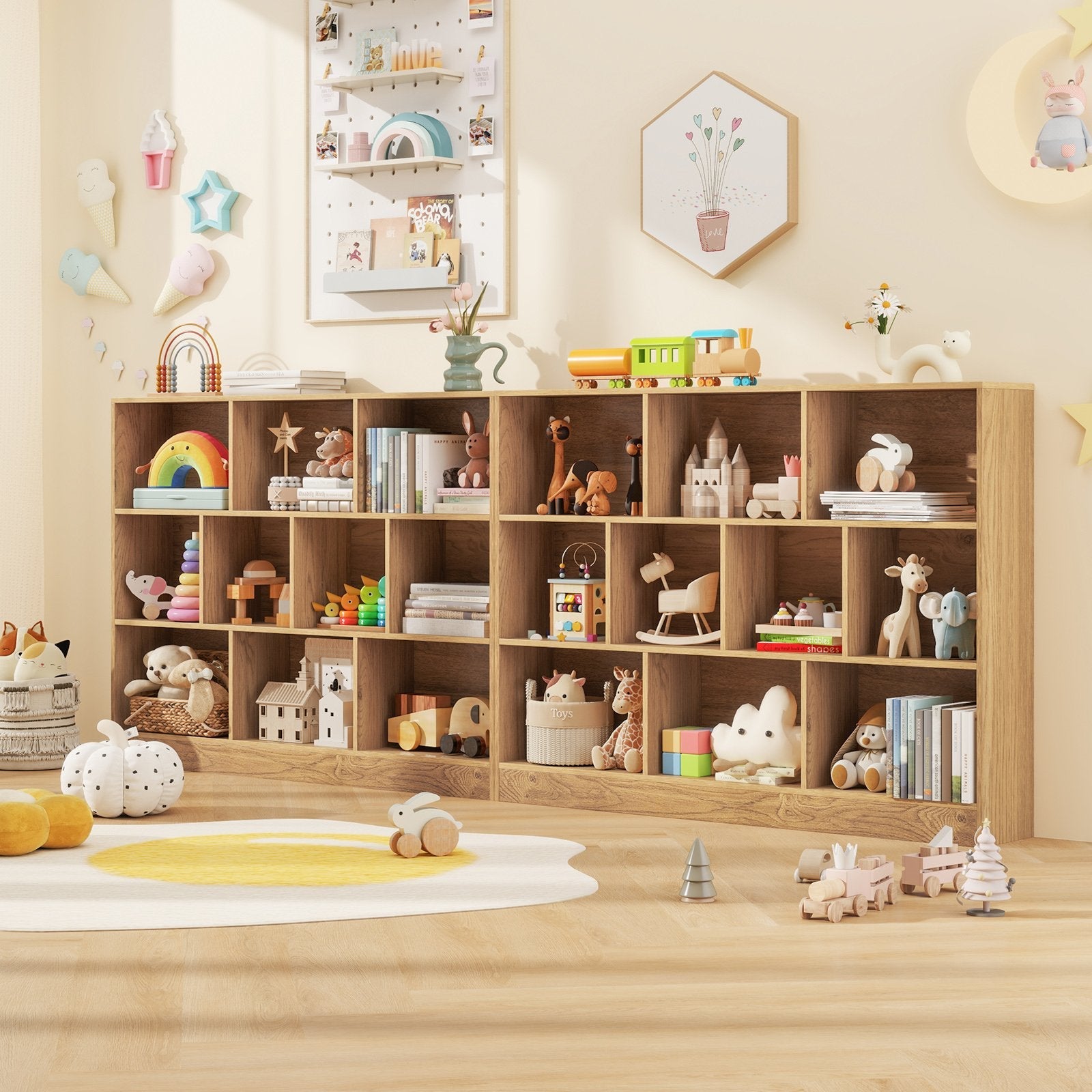 41 inches Wooden Toy Storage Organizer with 10 Cubes for Classroom Daycare Nursery Kindergarten-Natural