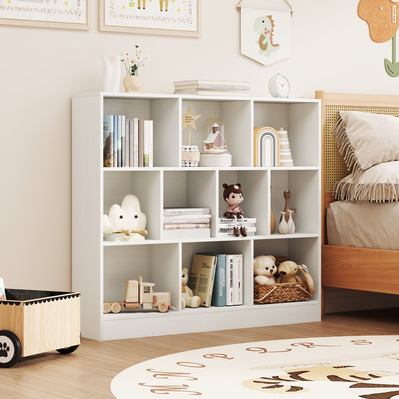 41 inches Wooden Toy Storage Organizer with 10 Cubes for Kids-Natural