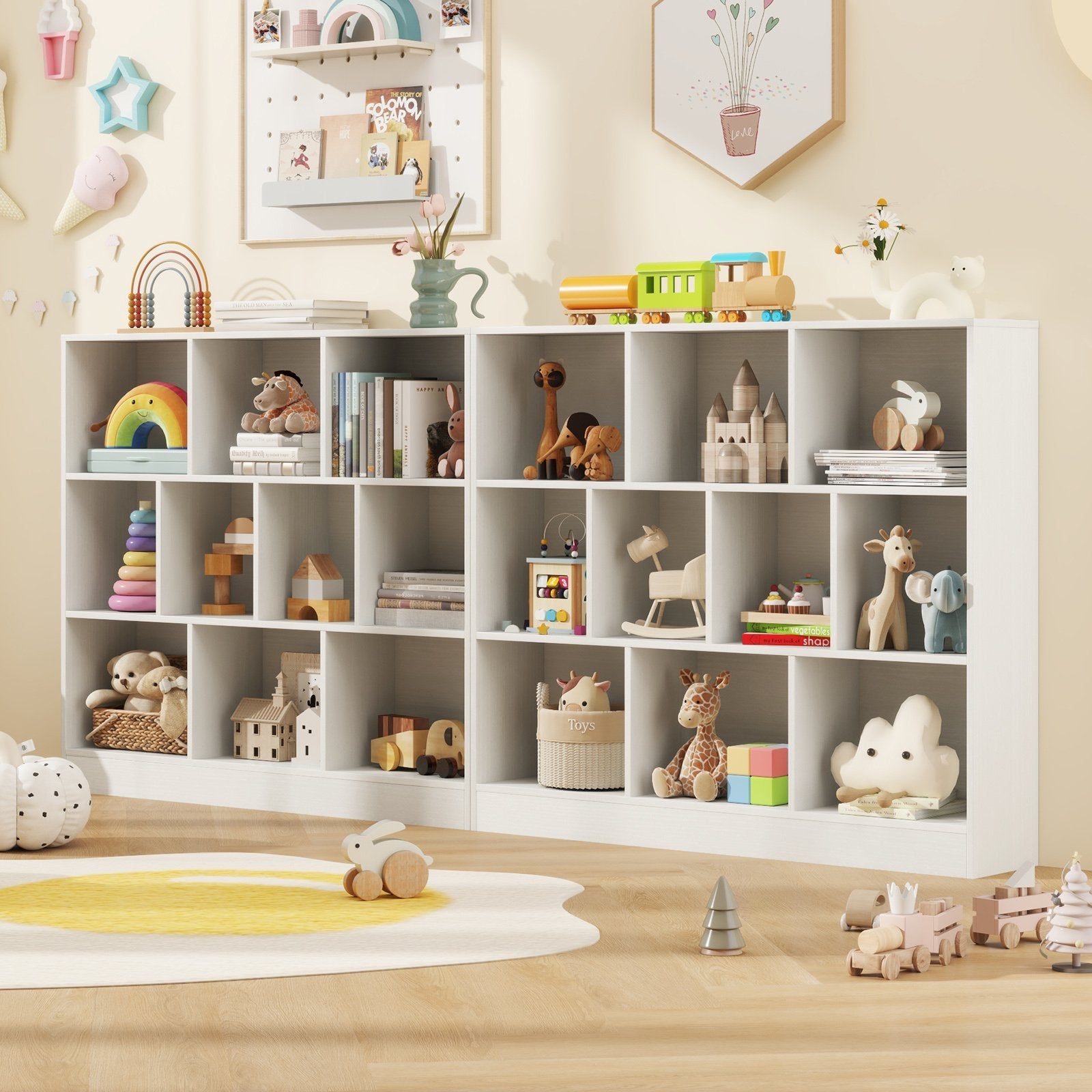 41 inches Wooden Toy Storage Organizer with 10 Cubes for Kids-Natural