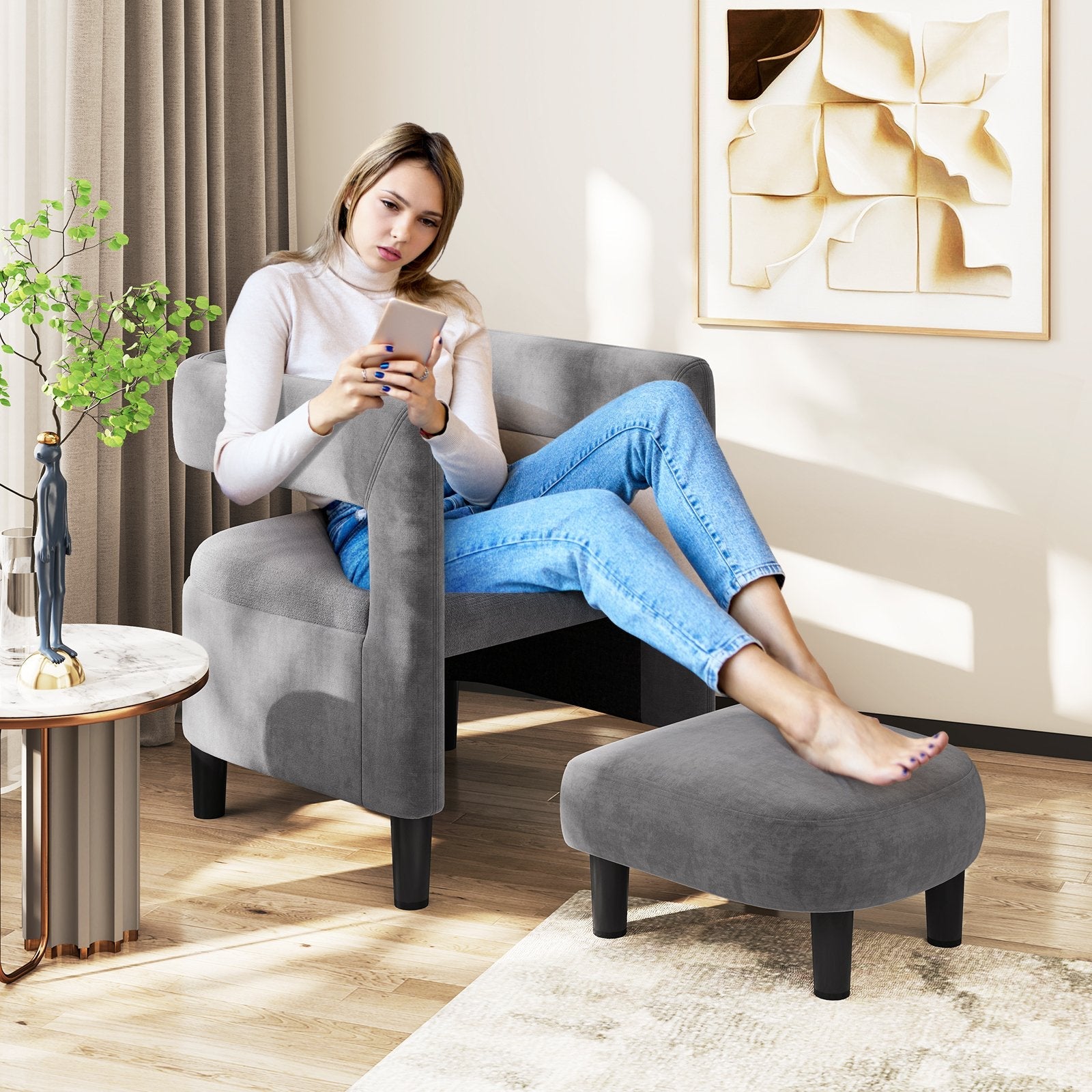 Comfy Accent Armchair with Footrest-Gray