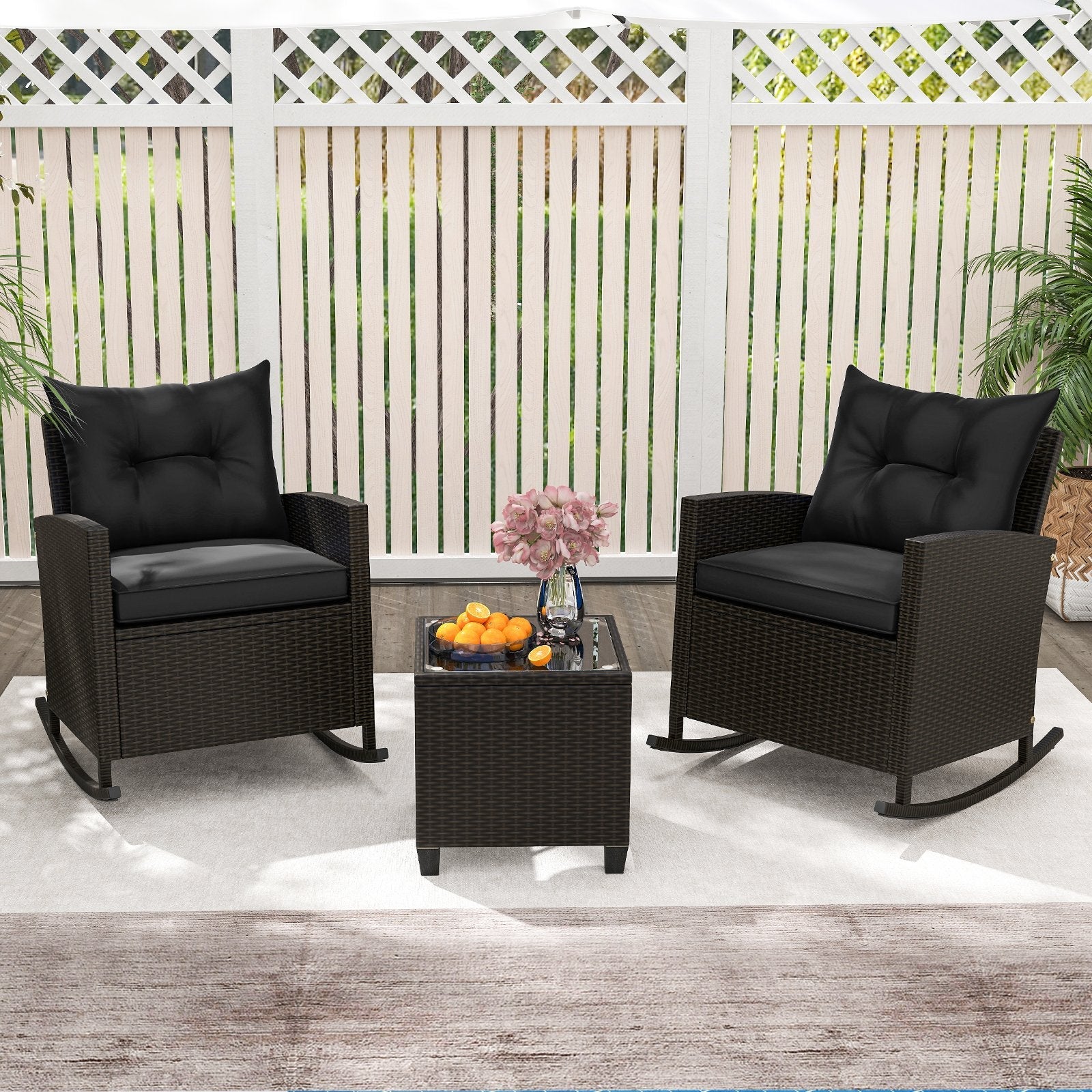 3-Piece Patio Rattan Roker Chairs with Tempered Glass Table and Soft Cushions-Beige