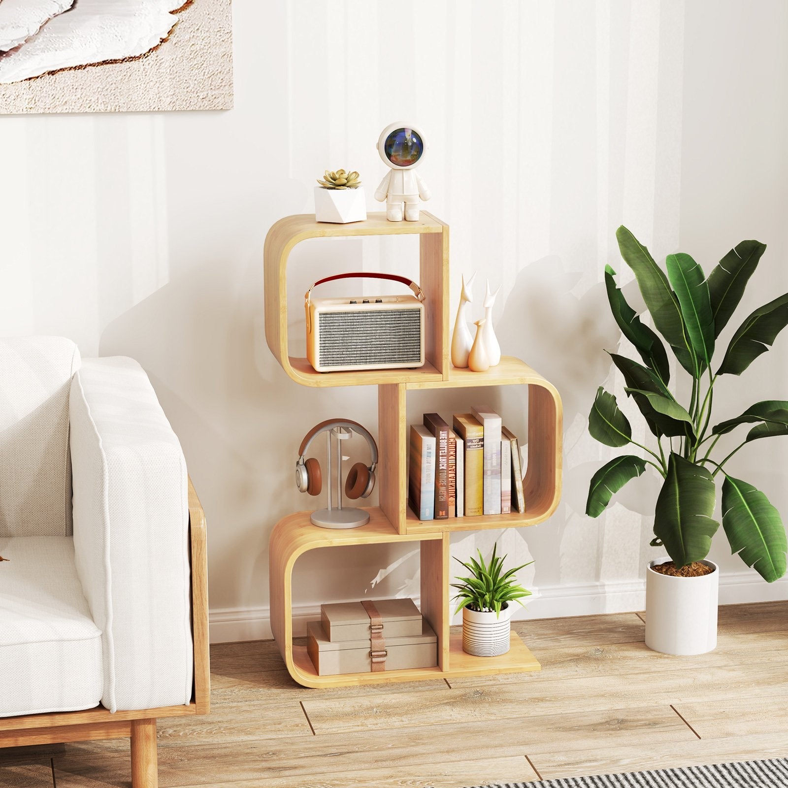 3-Tier S-Shaped Bookcase with 3 Open Cubes for Living Room-Natural