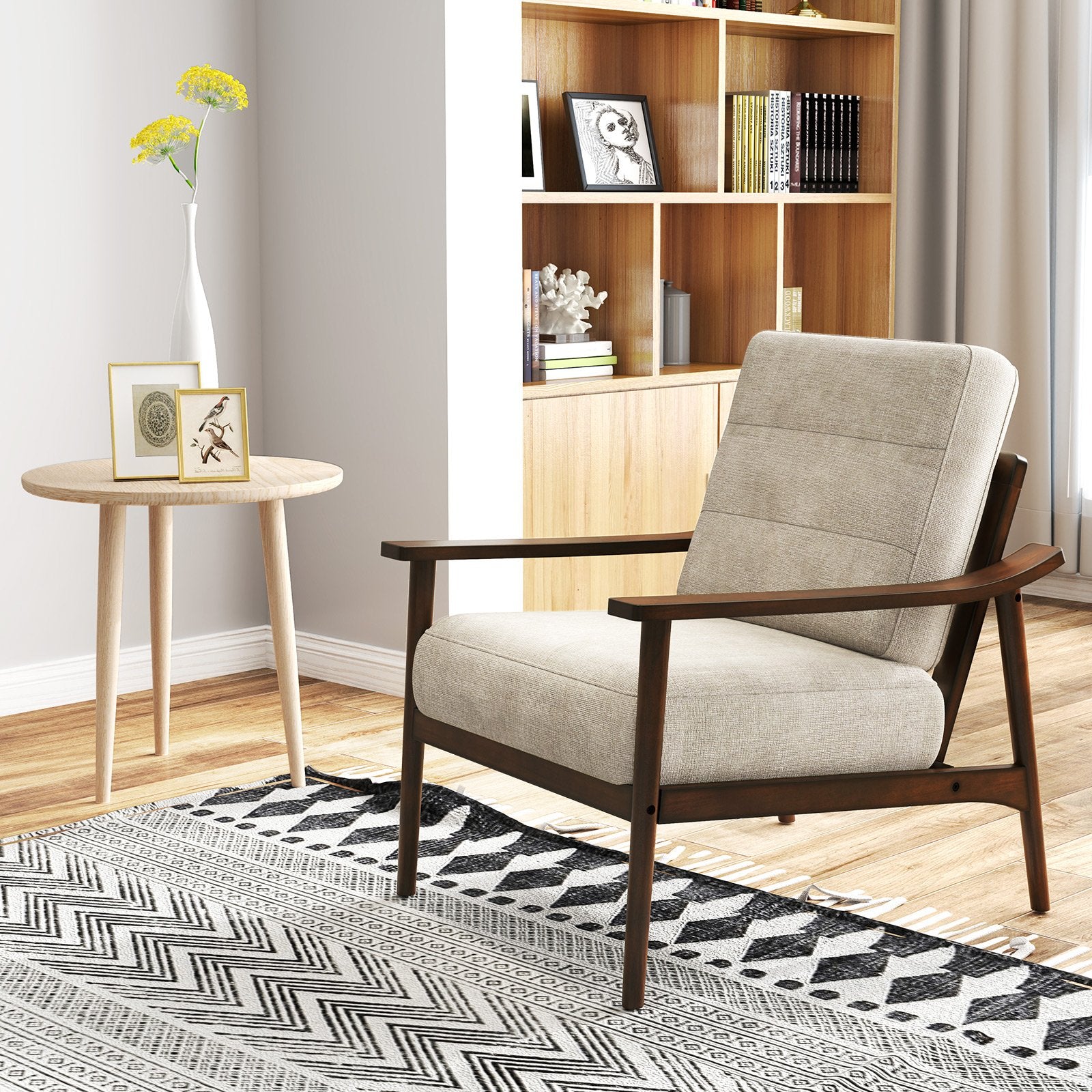 Modern Accent Chair with Rubber Wood Armrests and Legs for Living Room-Brown