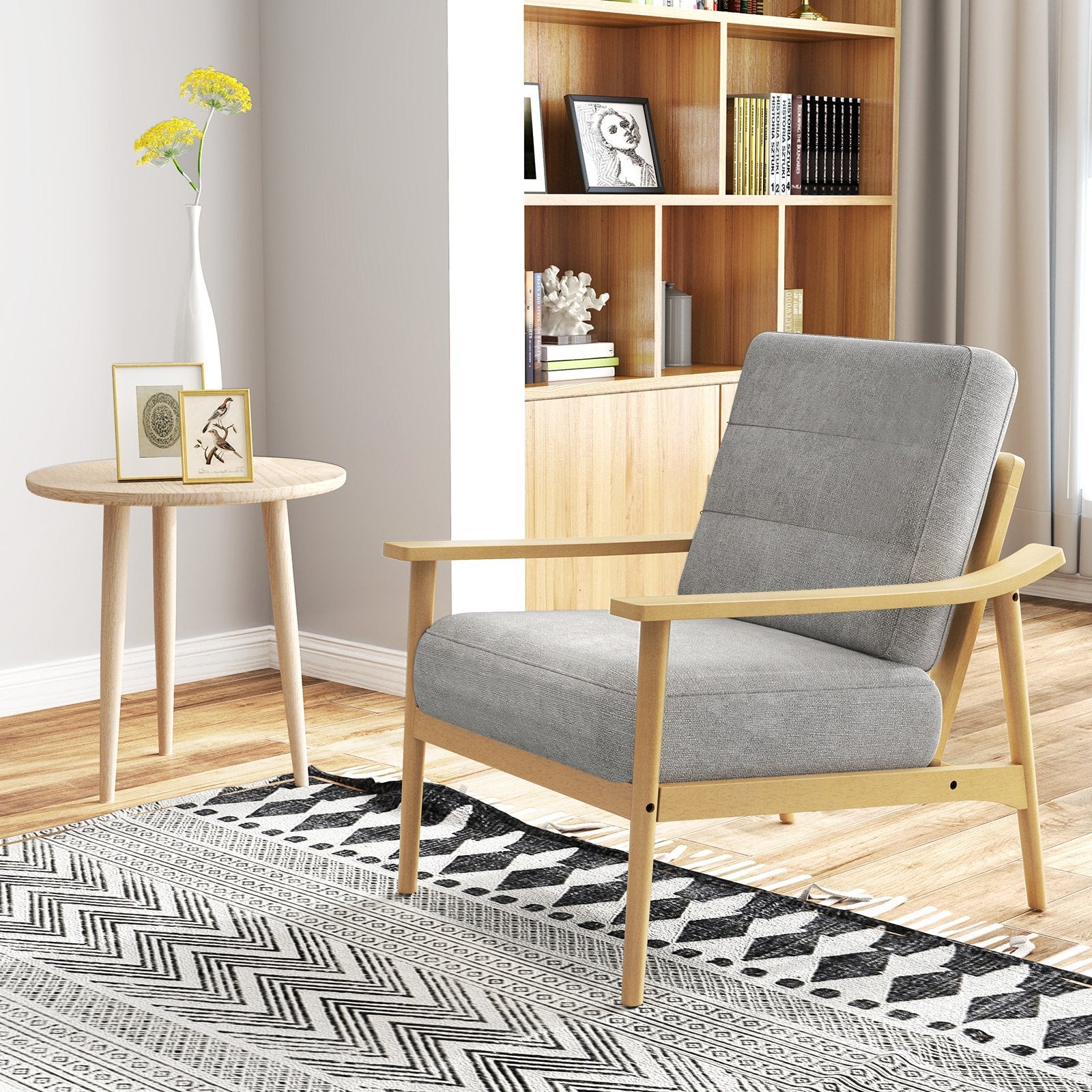 Modern Accent Chair with Rubber Wood Armrests and Legs for Living Room-Brown