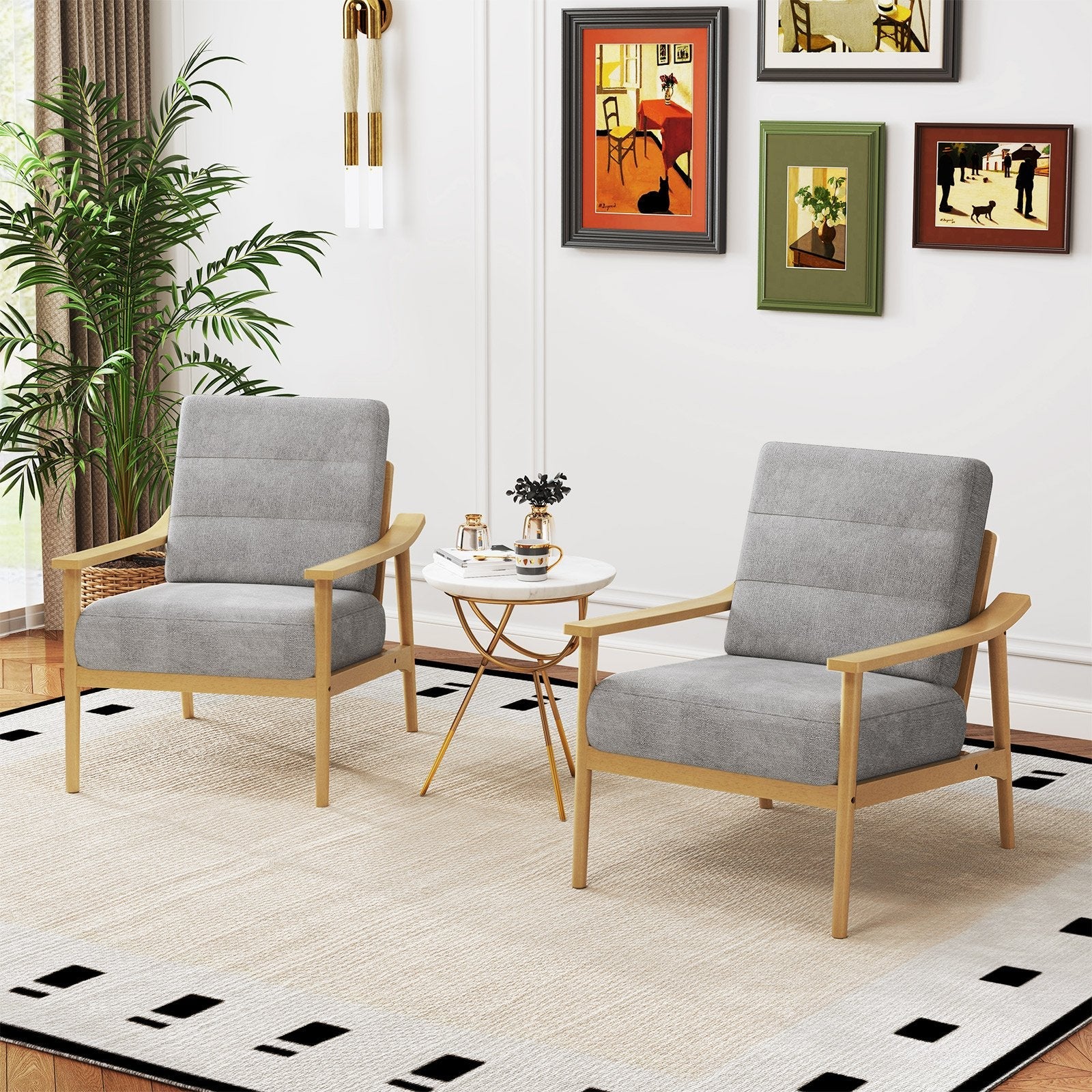 Modern Accent Chair with Rubber Wood Armrests and Legs for Living Room-Brown
