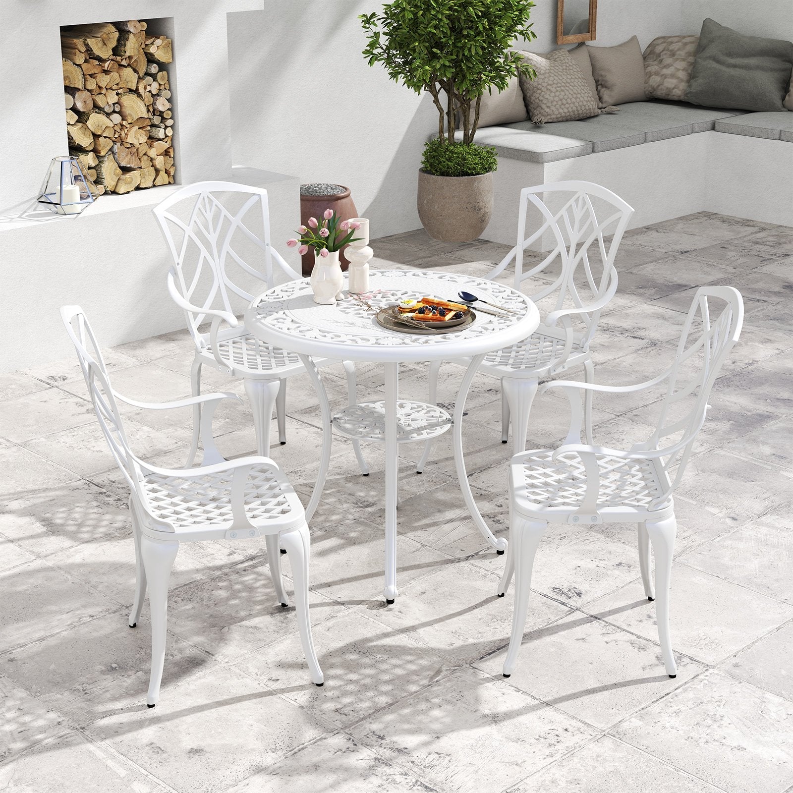 5 Piece Patio Cast Aluminum Dining Table Chair Set Bistro Set with Umbrella Hole-White
