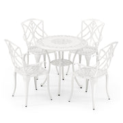 5 Piece Patio Cast Aluminum Dining Table Chair Set Bistro Set with Umbrella Hole-White