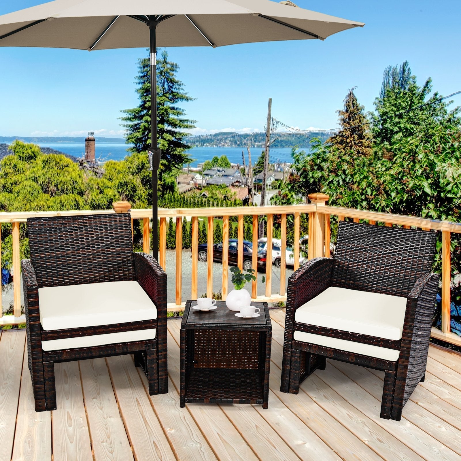 5 Pieces Patio Rattan Furniture Set with Ottoman and Tempered Glass Coffee Table-Gray