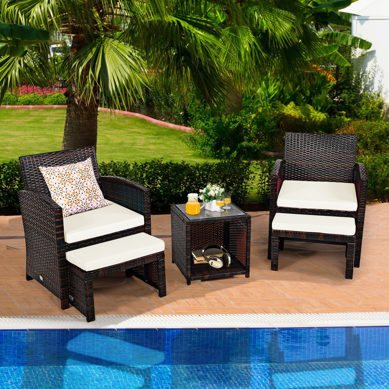 5 Pieces Patio Rattan Furniture Set with Ottoman and Tempered Glass Coffee Table-Gray