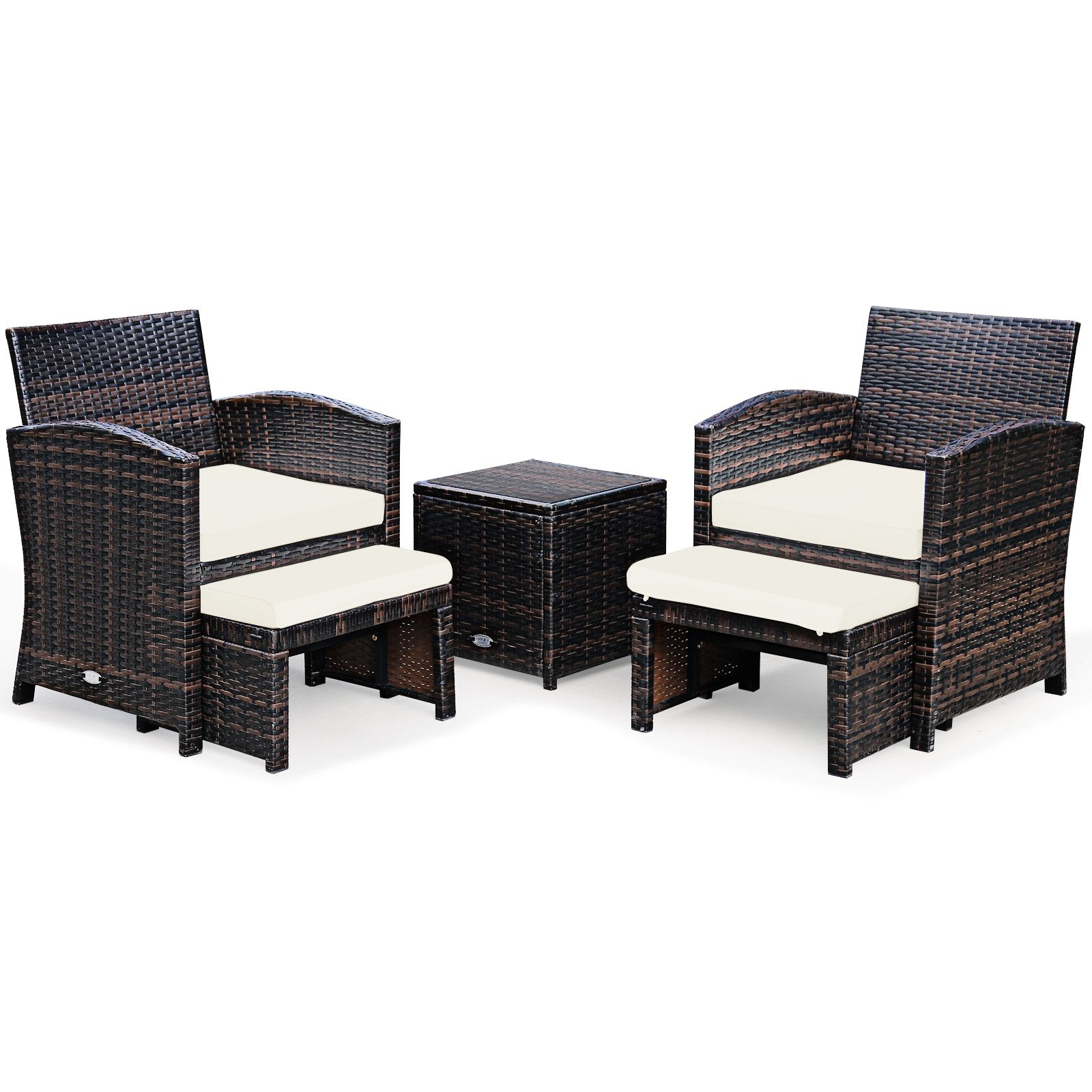 5 Pieces Patio Rattan Furniture Set with Ottoman and Tempered Glass Coffee Table-Gray