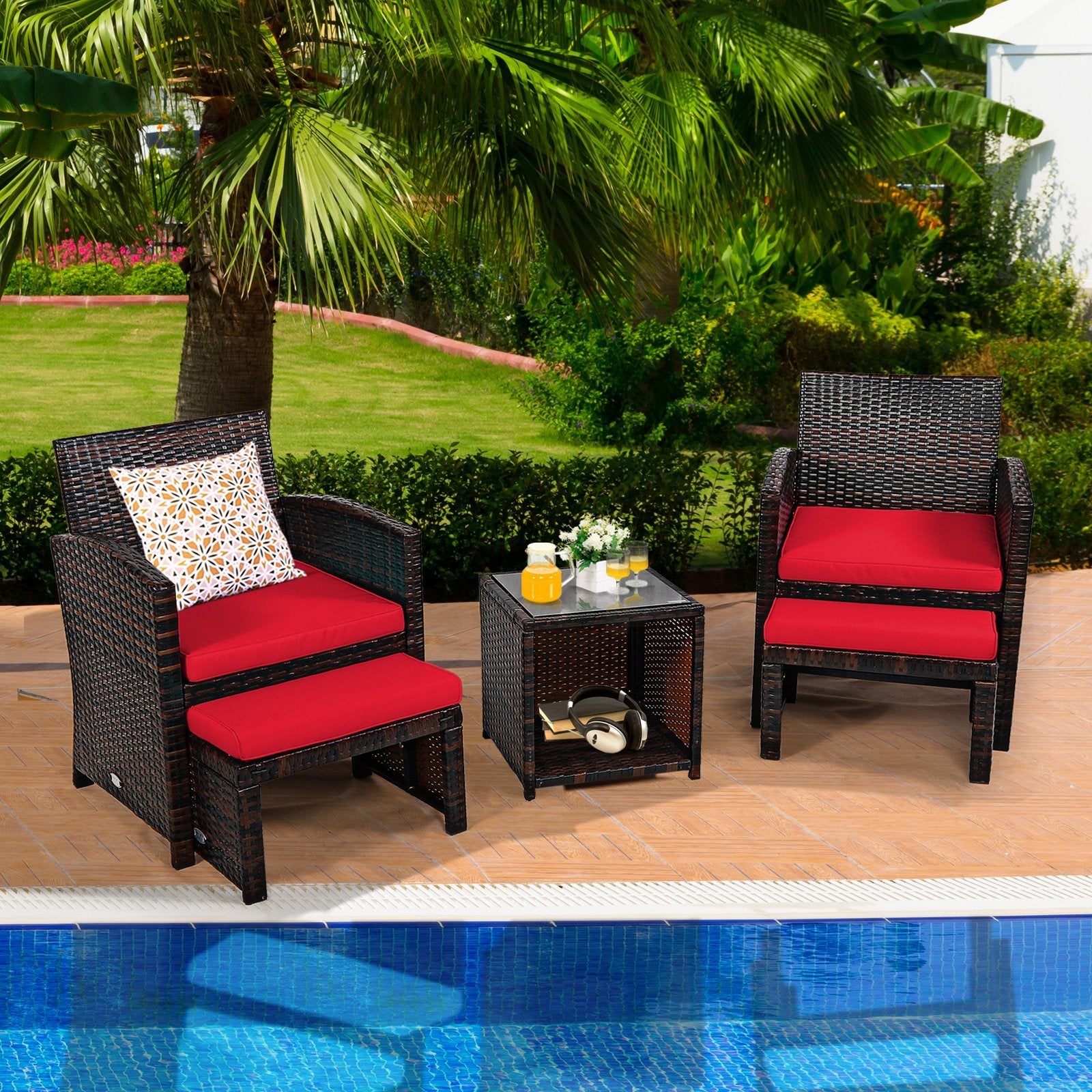 5 Pieces Patio Rattan Furniture Set with Ottoman and Tempered Glass Coffee Table-Gray