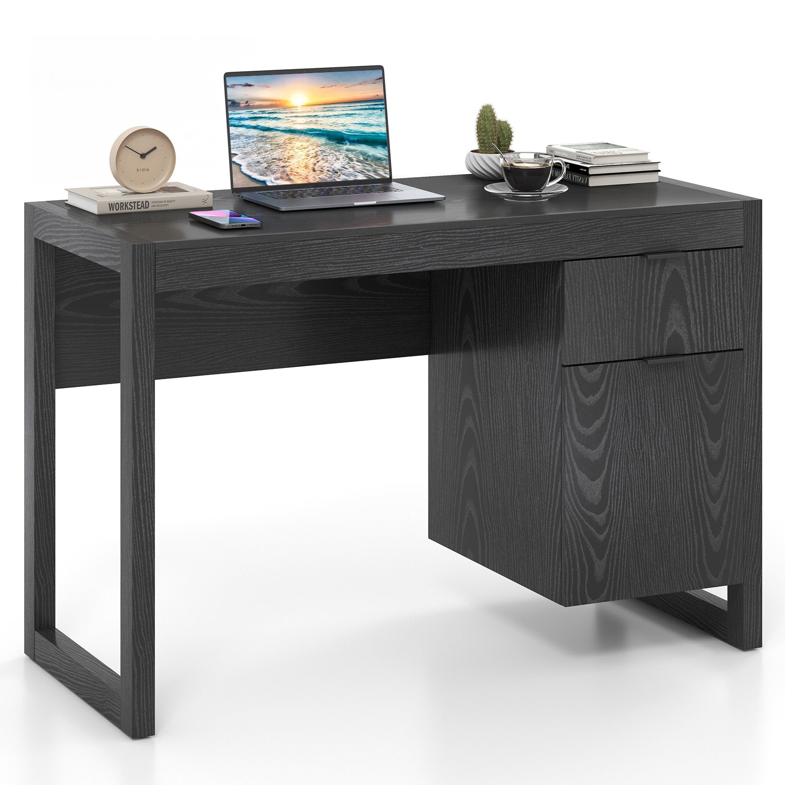 Modern Computer Desk Writing Workstation with Cabinet and Drawer-Black