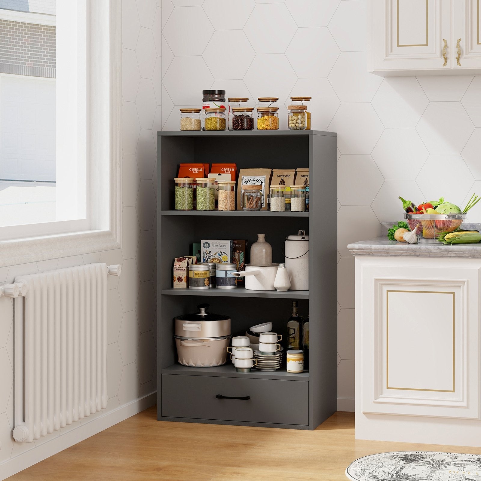 48 Inch Tall 4 Tiers Wood Bookcase with Drawer-Black