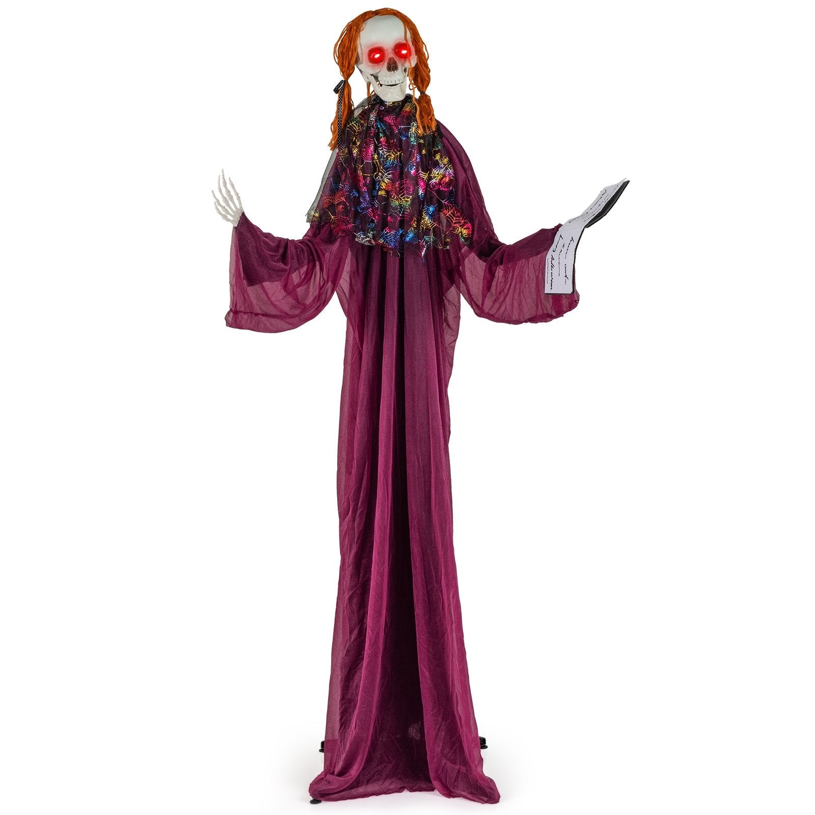 6 Feet Halloween Animatronic Standing Girl Holding Book with Sound-Activated Light-up Eyes and Moving Arms & Head