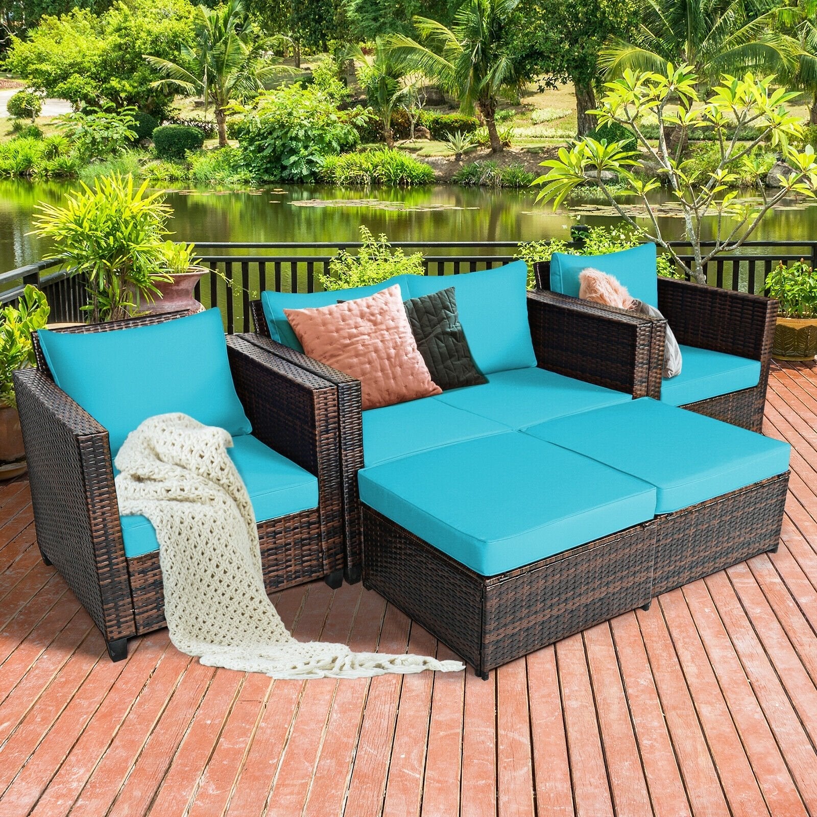 5 Pieces Patio Cushioned Rattan Furniture Set-Black