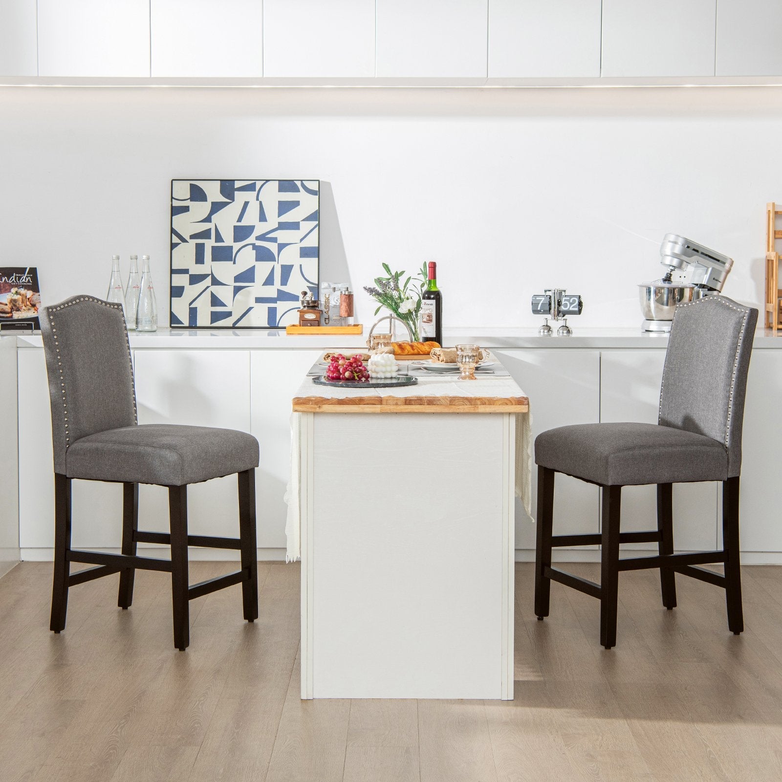 2 Pcs Fabric Nail Head Counter Height Dining Side Chairs Set-Beige