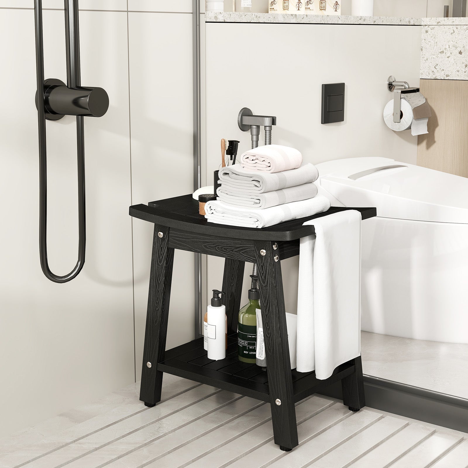 HIPS Shower Bench Seat with Handle Shower Head-Black