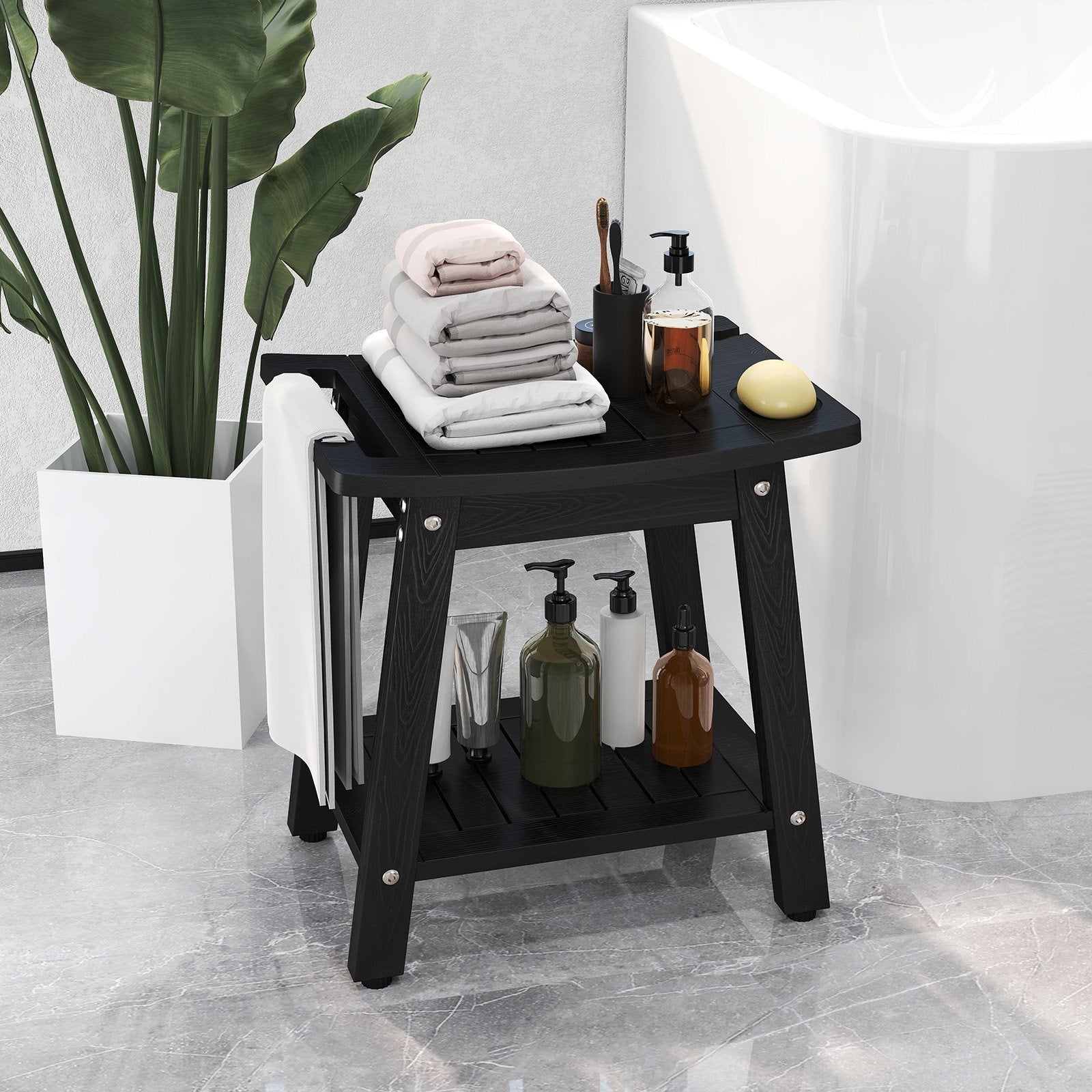HIPS Shower Bench Seat with Handle Shower Head-Black
