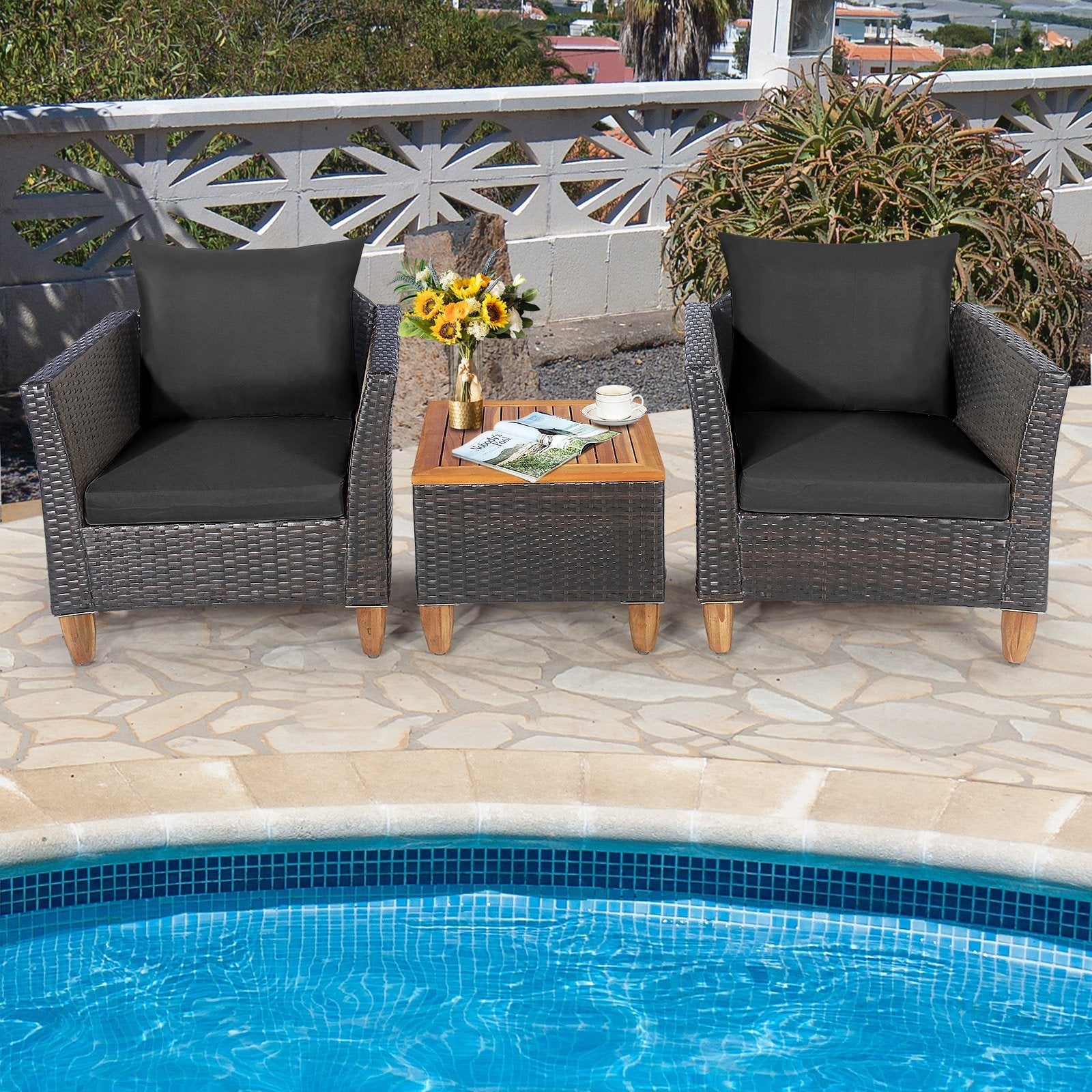3 Pieces Patio Rattan Bistro Furniture Set-Black