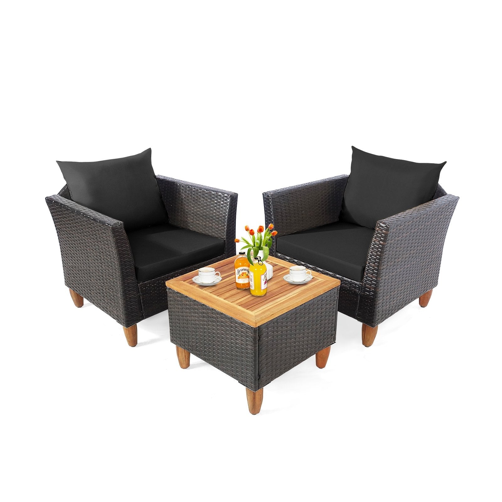 3 Pieces Patio Rattan Bistro Furniture Set-Black
