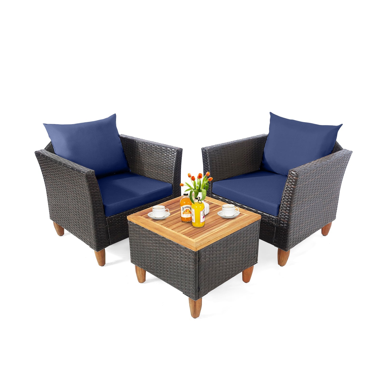 3 Pieces Patio Rattan Bistro Furniture Set-Black