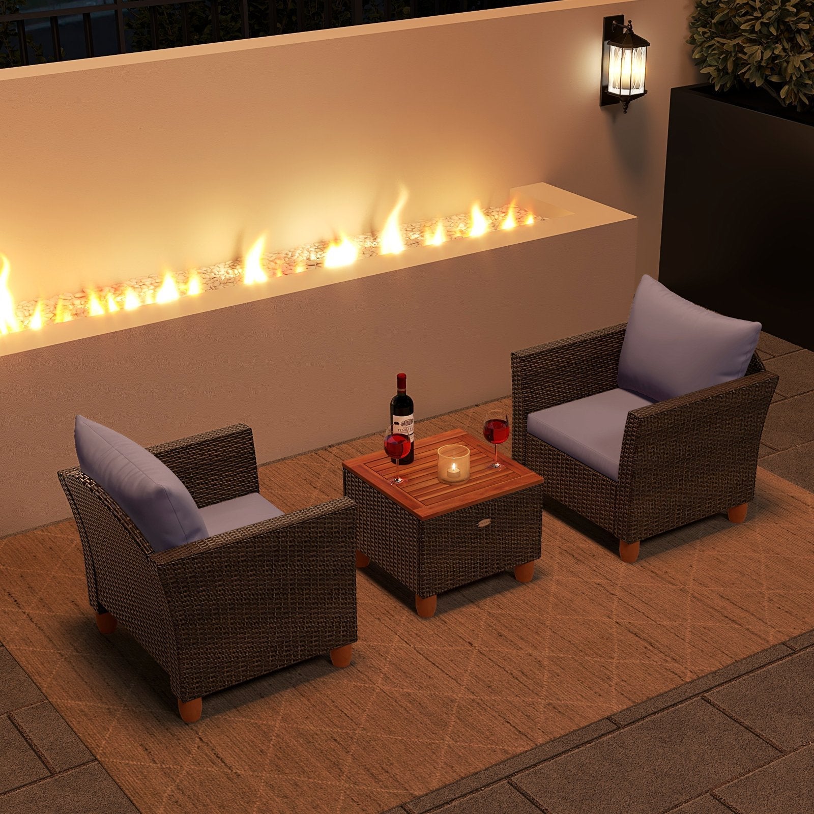 3 Pieces Patio Rattan Bistro Furniture Set-Black