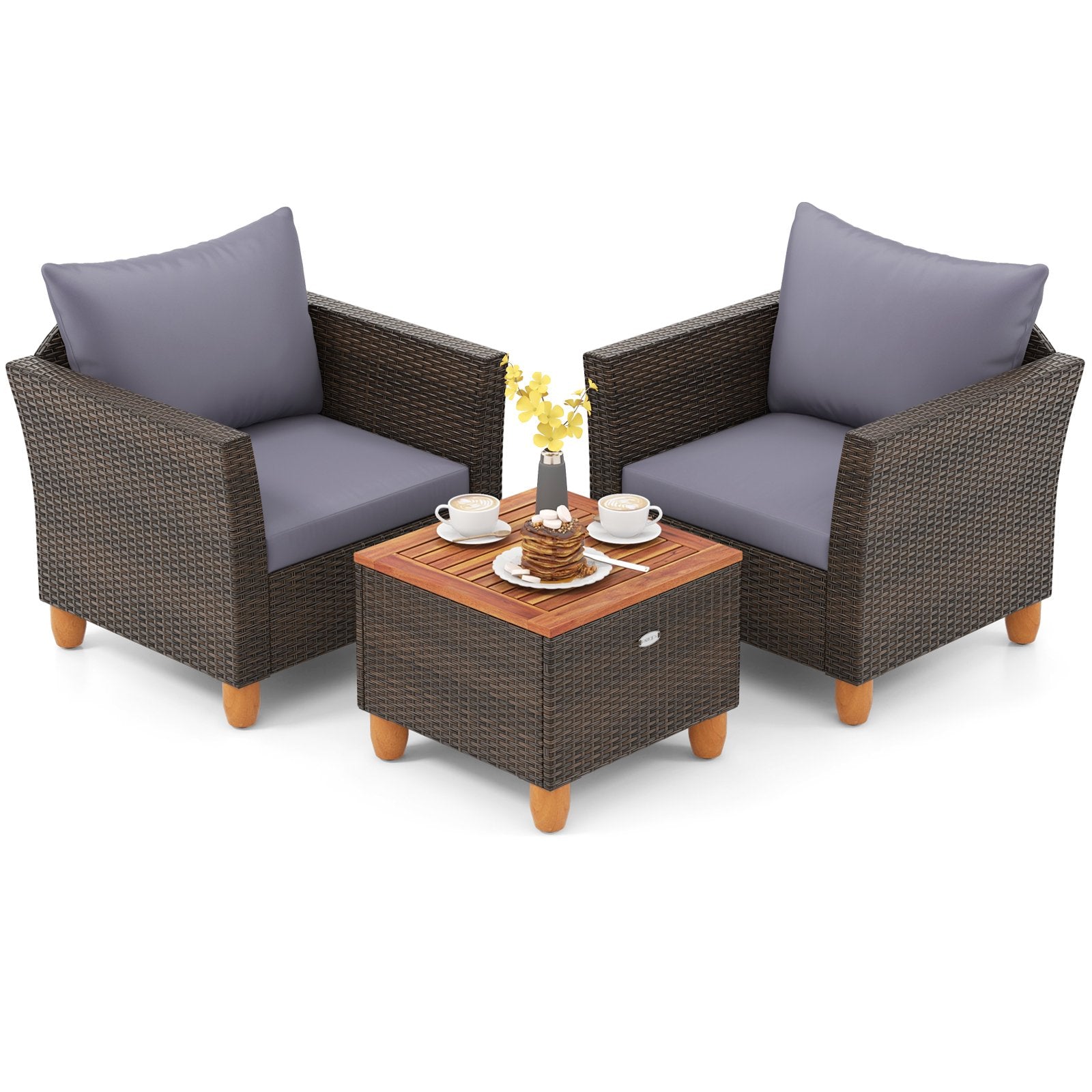 3 Pieces Patio Rattan Bistro Furniture Set-Black