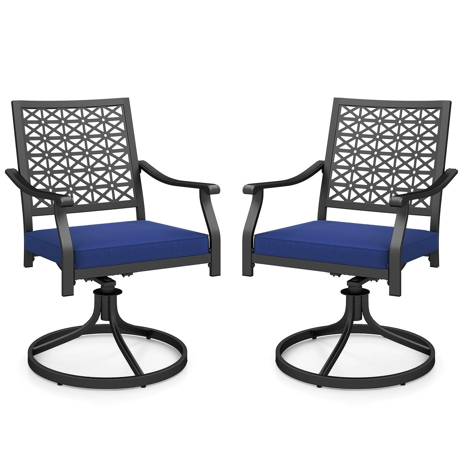 2 Pack Swivel Outdoor Chairs with Soft Cushions and Round Steel Base-Navy
