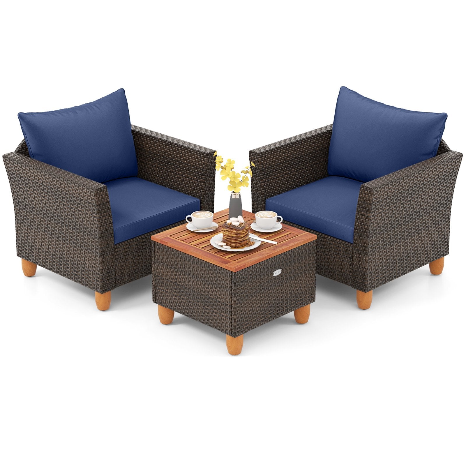 3 Pieces Patio PE Wicker Furniture Set with Cushions and Acacia Wood Storage Coffee Table-Beige