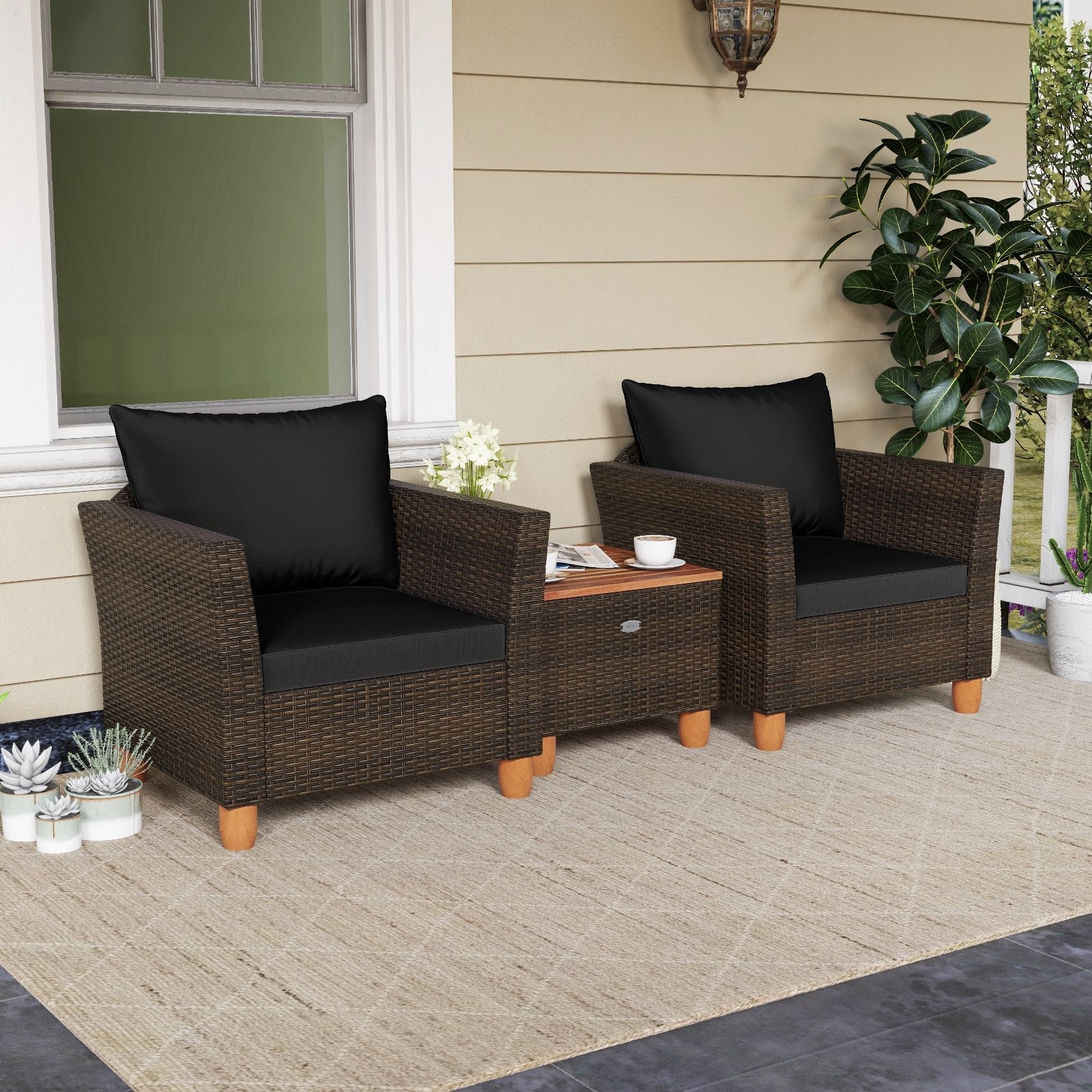 3 Pieces Patio PE Wicker Furniture Set with Cushions and Acacia Wood Storage Coffee Table-Beige