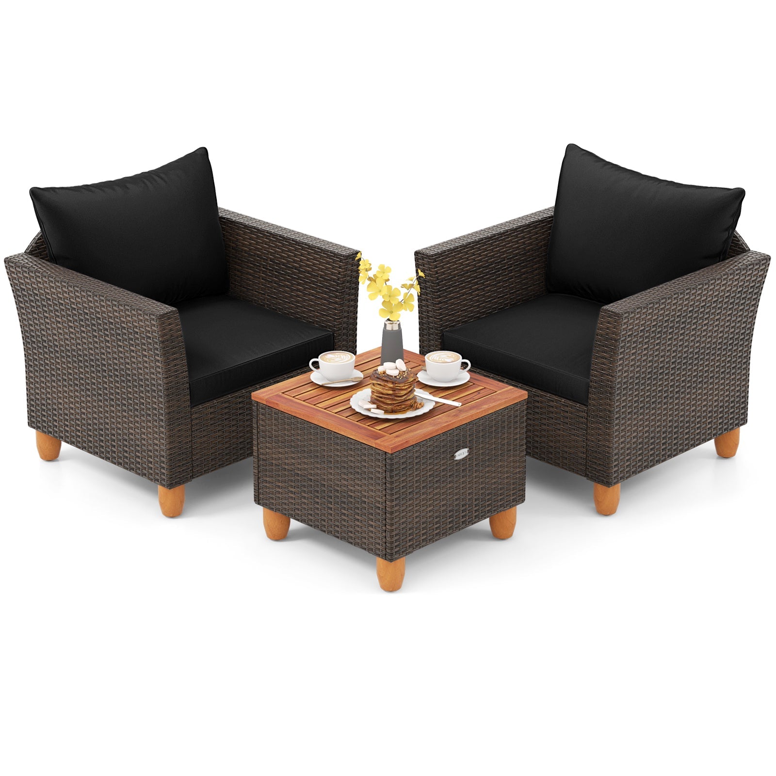 3 Pieces Patio PE Wicker Furniture Set with Cushions and Acacia Wood Storage Coffee Table-Beige