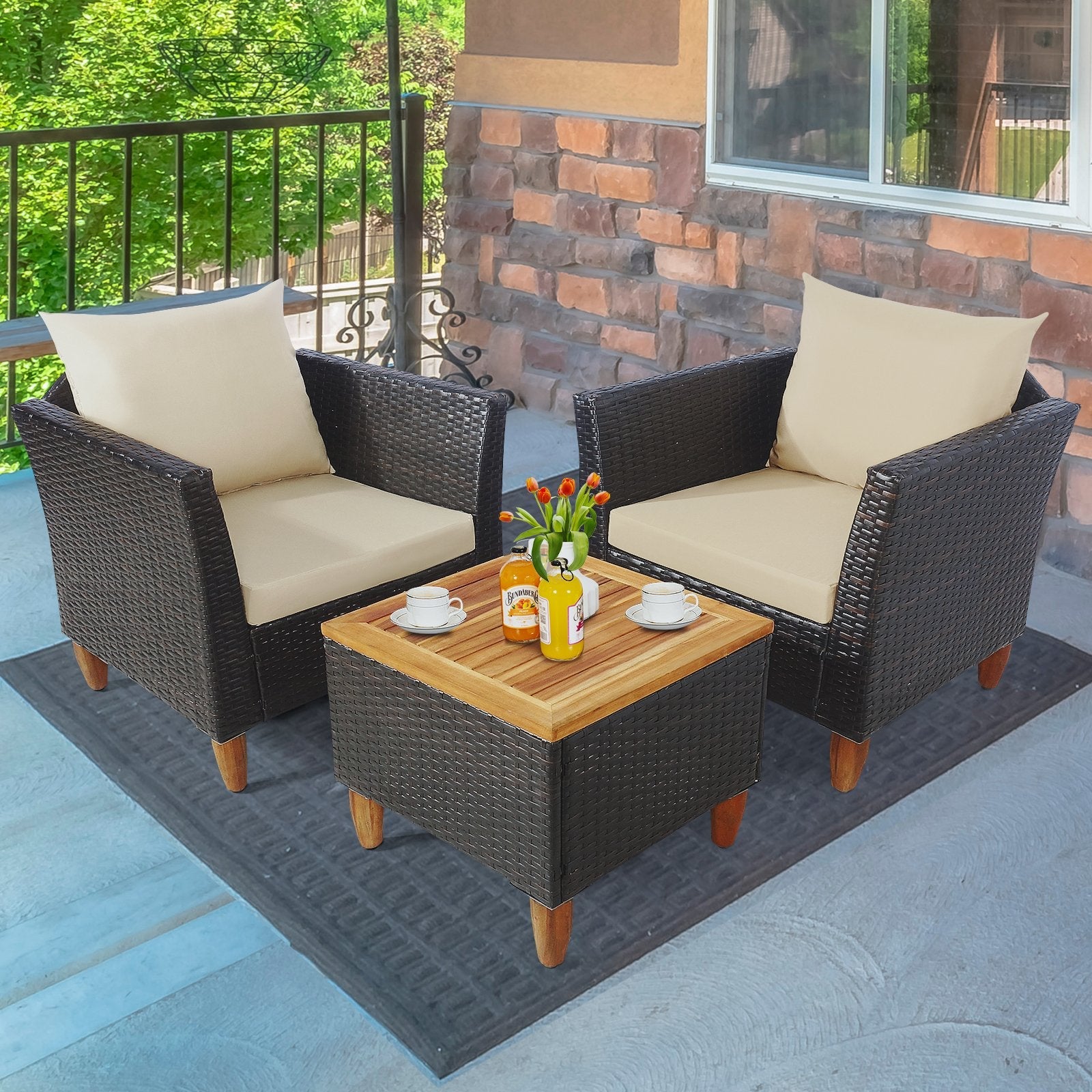 3 Pieces Patio Rattan Furniture Set with Washable Cushion for Yard Porch-Beige