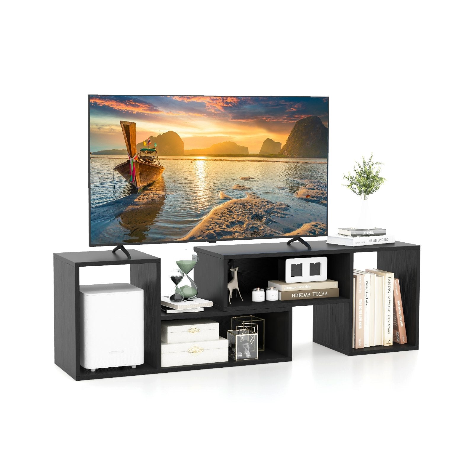 2 Pieces Adjustable TV Stand for TVs up to 55 Inch with Storage Cubes-Black