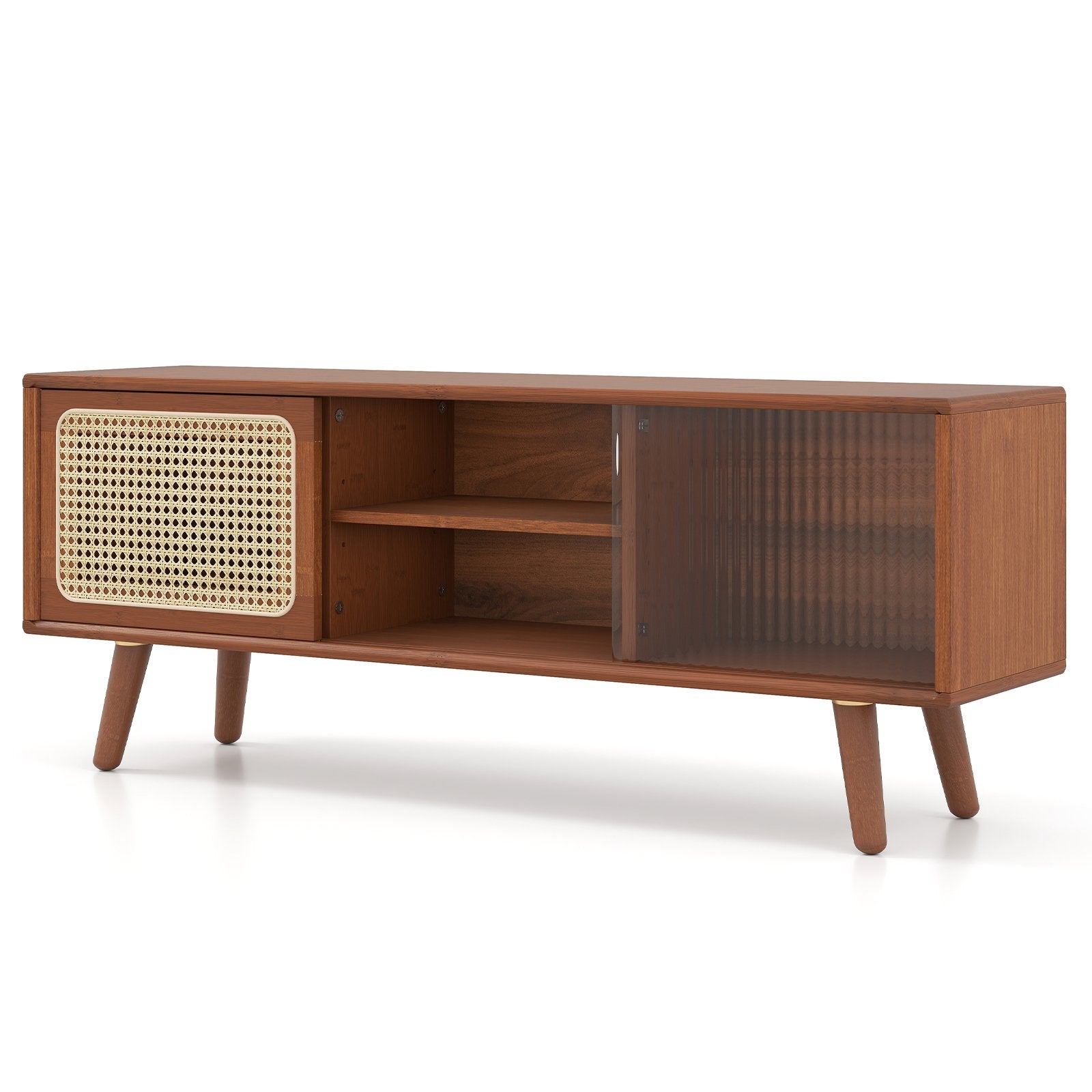 Modern TV Stand with Rattan Glass Sliding Doors-Brown