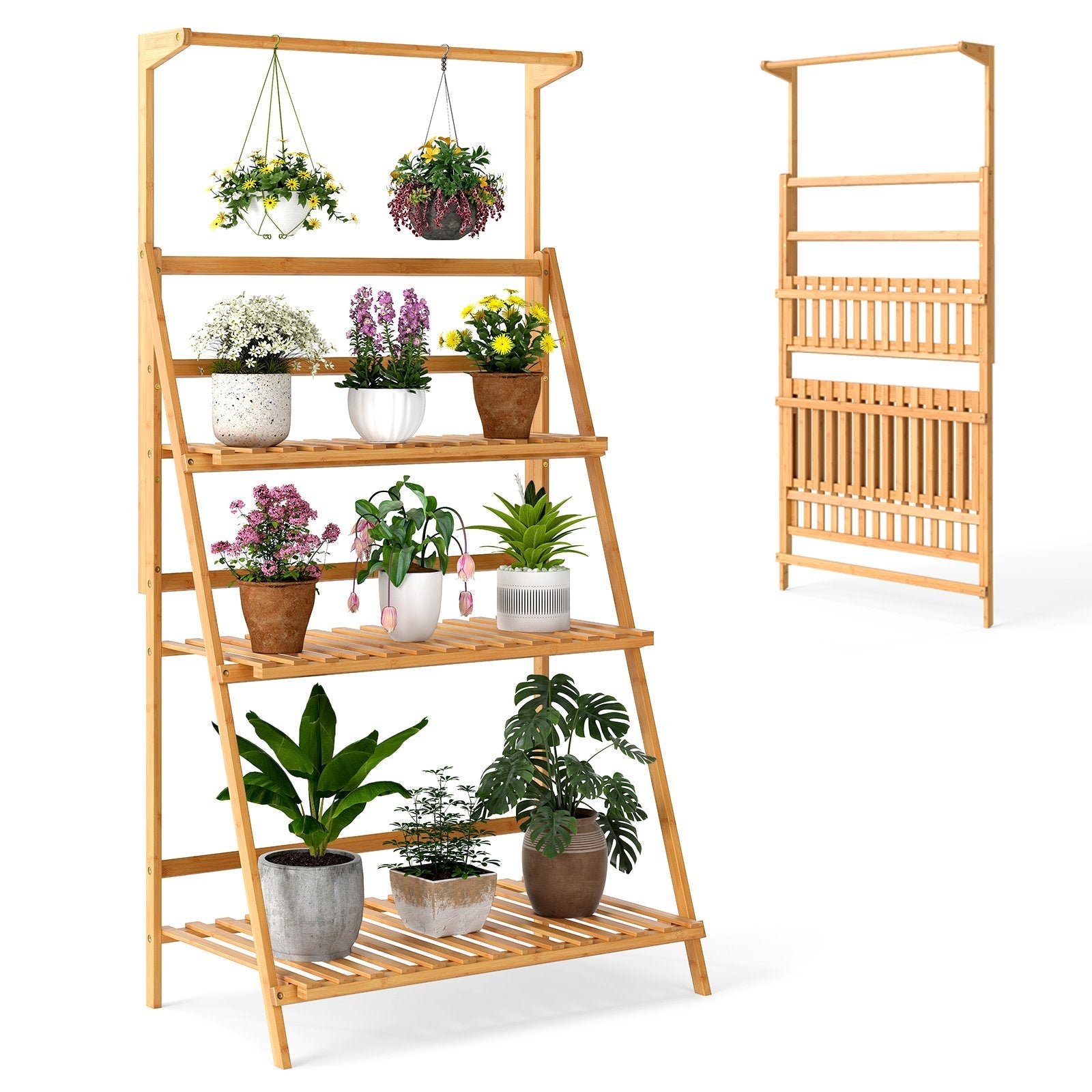 3 Tier Bamboo Hanging Plant Stand with Height Adjustable Hanger Rod-Natural