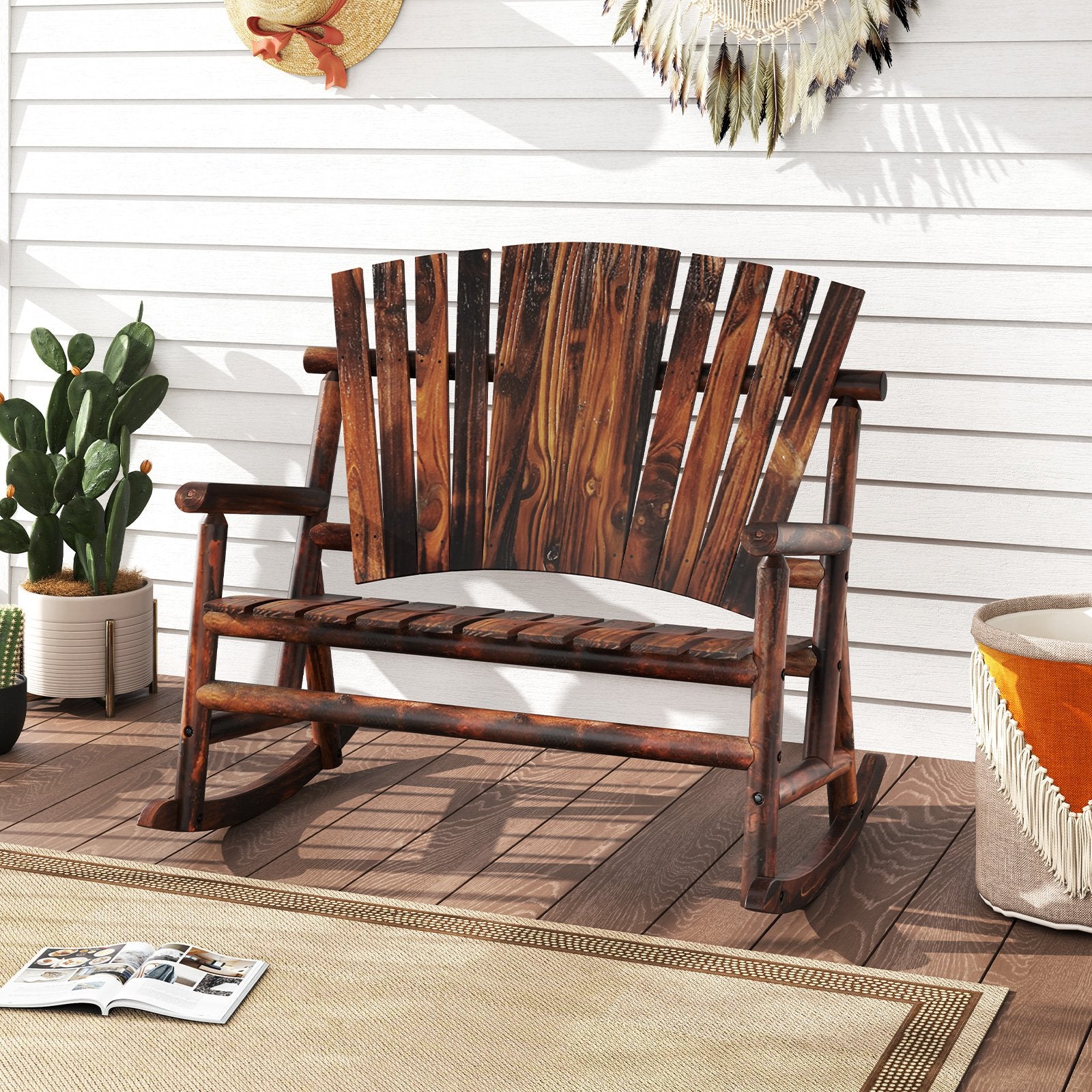 Outdoor Adirondack Rocking Chair for Adults with High Back and Slatted Seat-Brown