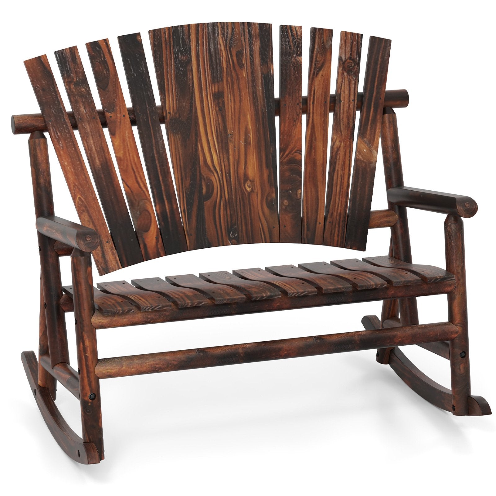 Outdoor Adirondack Rocking Chair for Adults with High Back and Slatted Seat-Brown