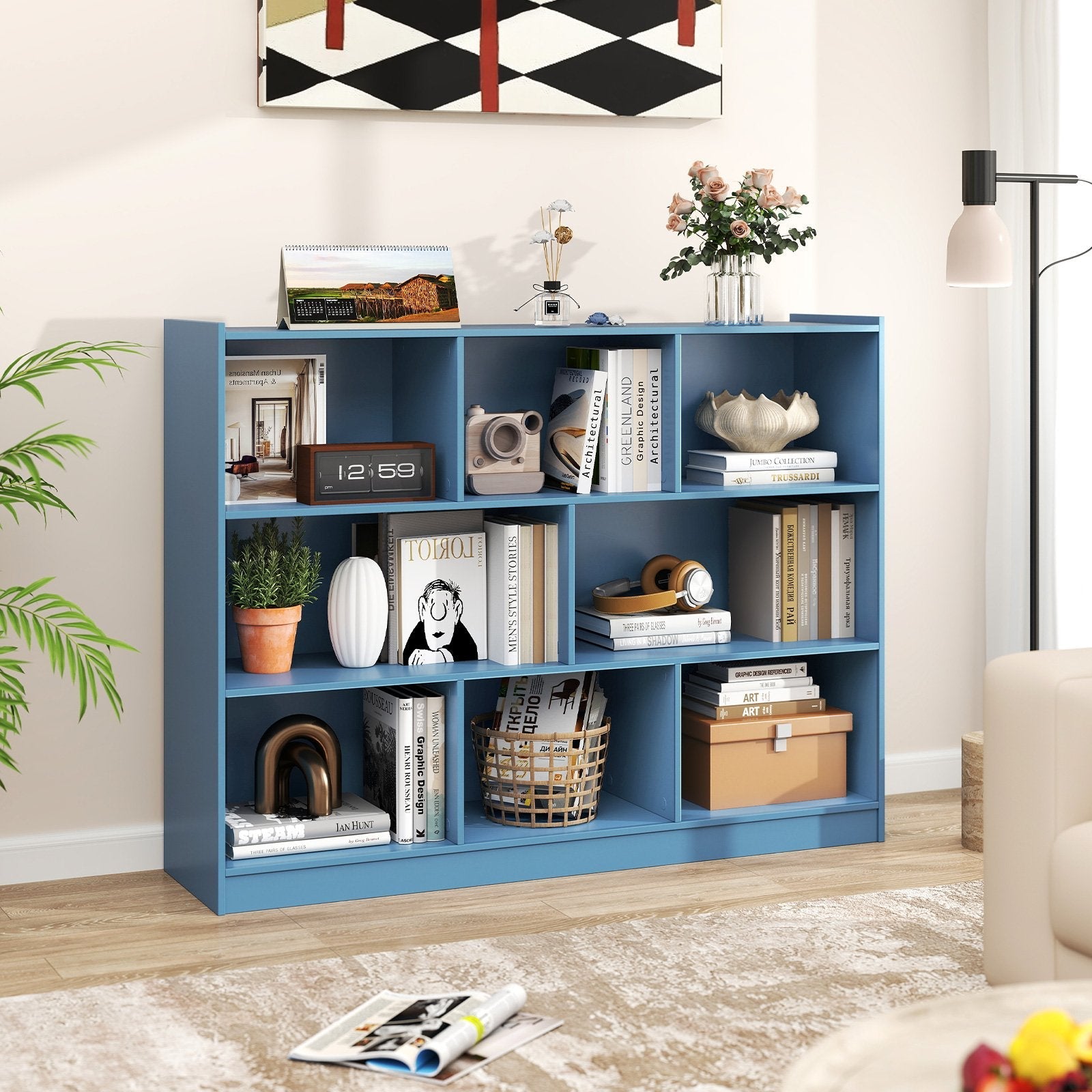 3-Tier Open Bookcase 8-Cube Floor Standing Storage Shelves-Blue