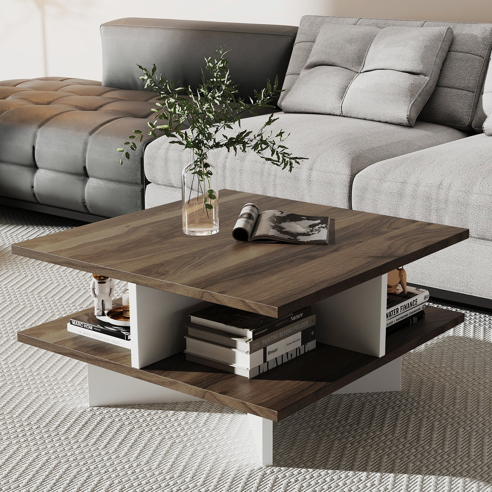 2-Tier Square Coffee Table with 4 Storage Compartments-Walnut