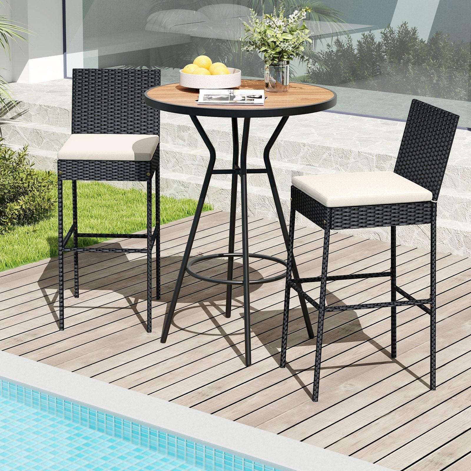 Patio Wicker Barstools Set of 2 with Footrest and Backrest for Backyard