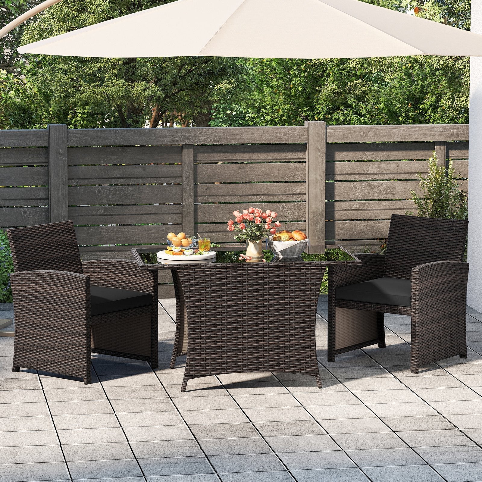 3 Piece Patio Wicker Dining Set with Rectangle Tempered Glass Dining Table-Brown