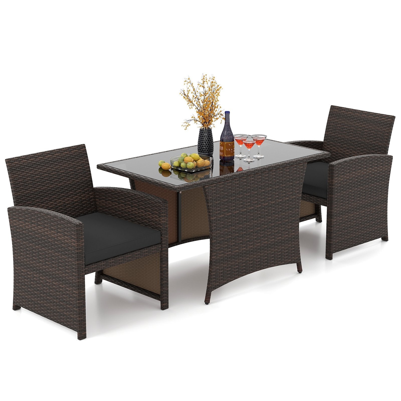 3 Piece Patio Wicker Dining Set with Rectangle Tempered Glass Dining Table-Brown