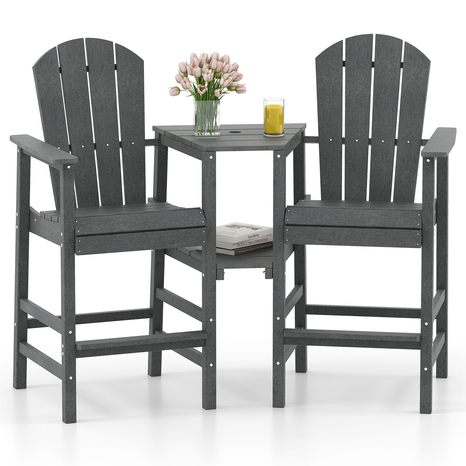 2-Seat Adirondack Chair All-Weather Adirondack Chair with Double Connecting Tray-Black