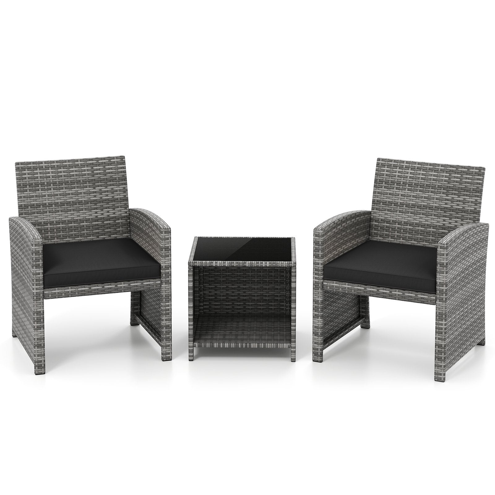 3 Pieces Patio Furniture Set with Tempered Glass Coffee Table and Soft Seat Cushions-Black